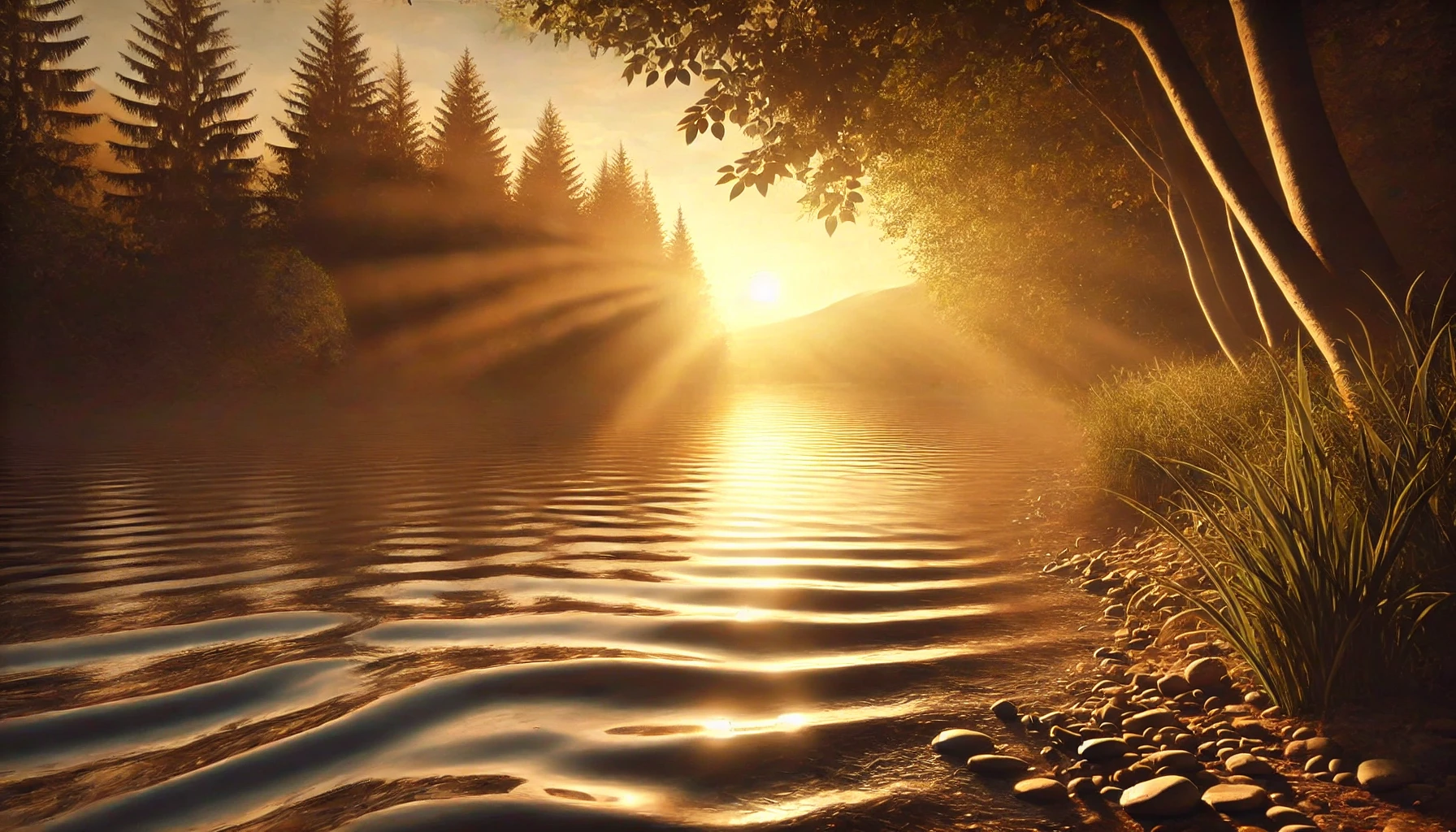 A peaceful riverbank during a golden sunset, with soft light reflecting off the water and surrounding trees.