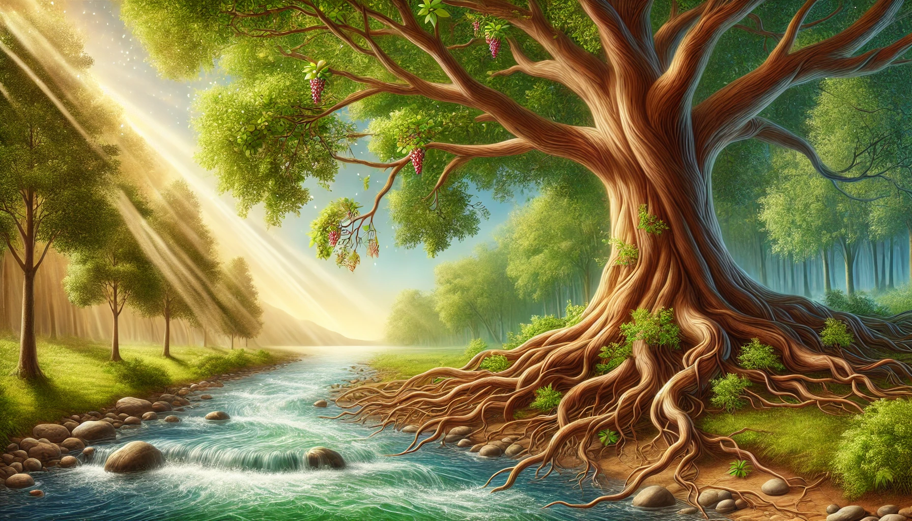 A peaceful riverside scene with a large, flourishing tree of life.