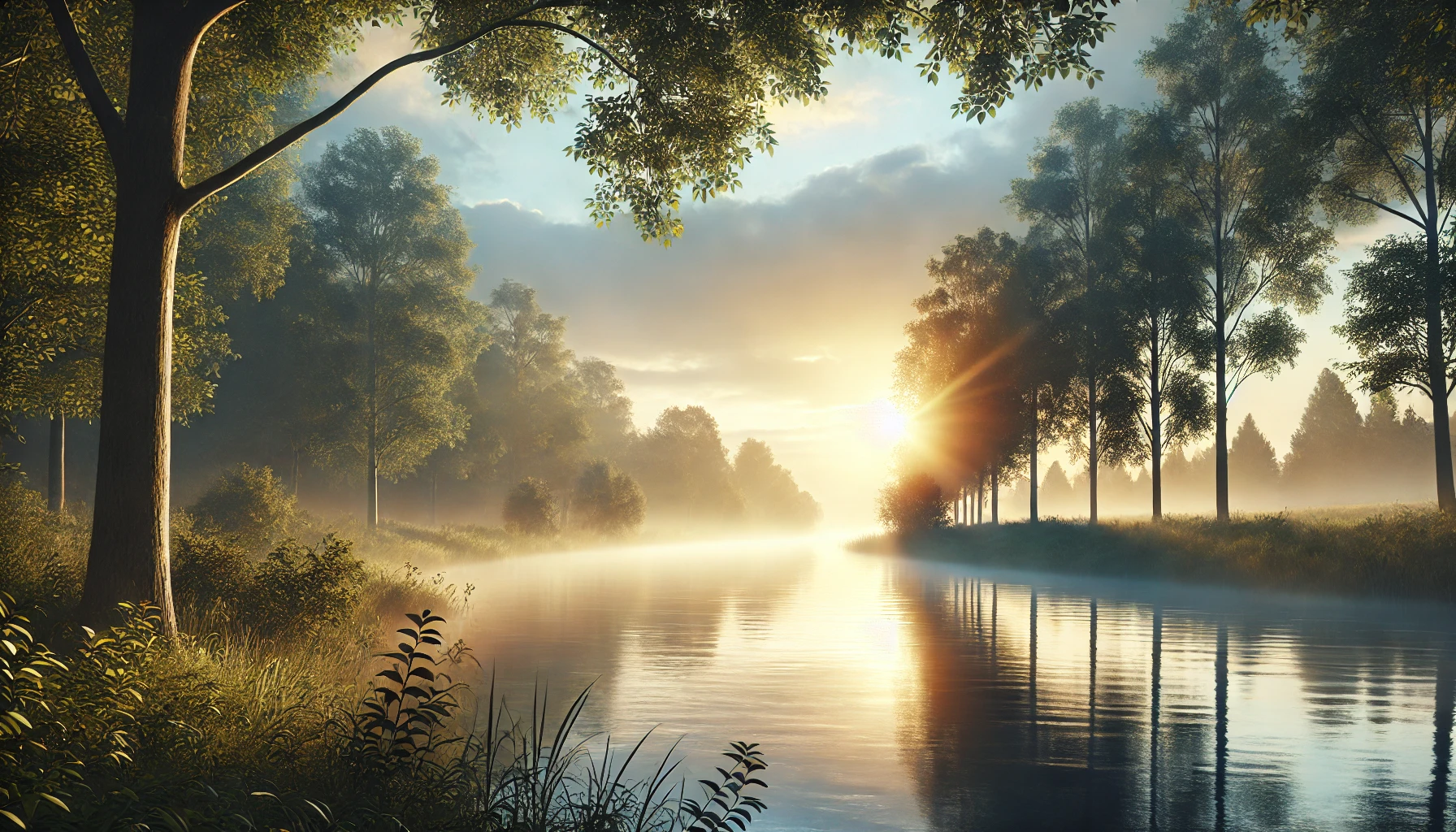 A peaceful riverside setting at sunrise.