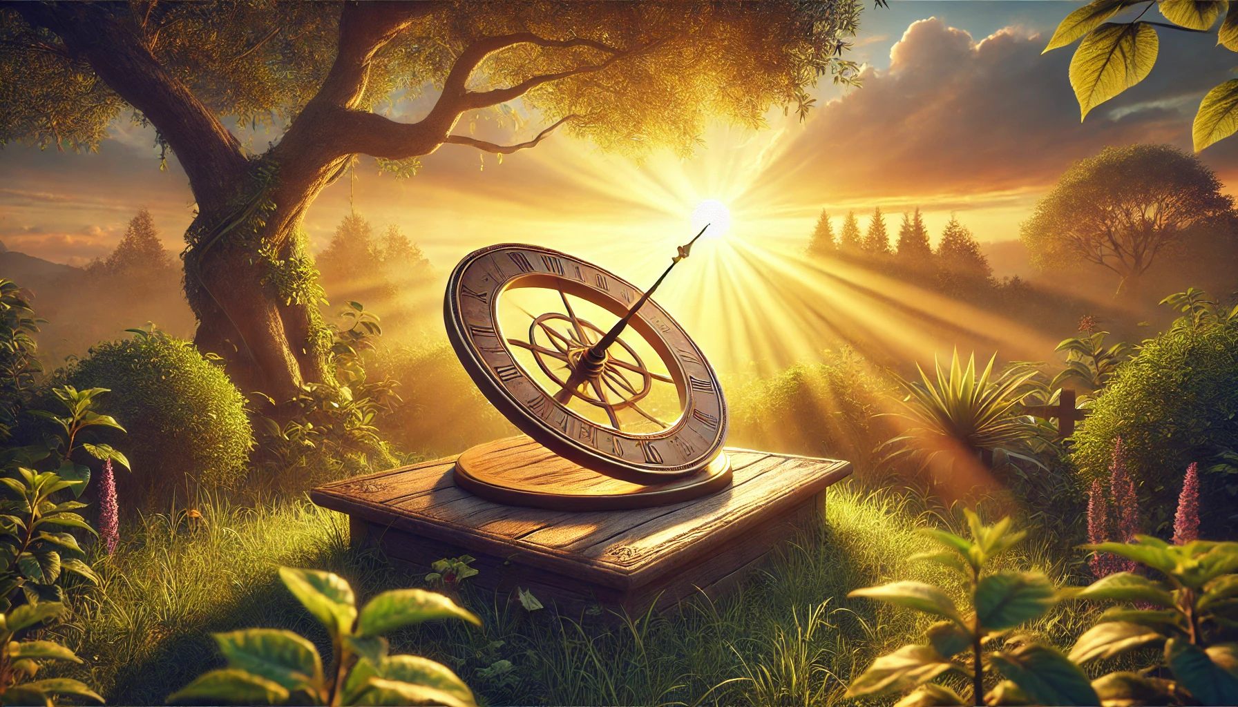 A peaceful sundial in a lush garden at sunrise, symbolizing the passage of time.