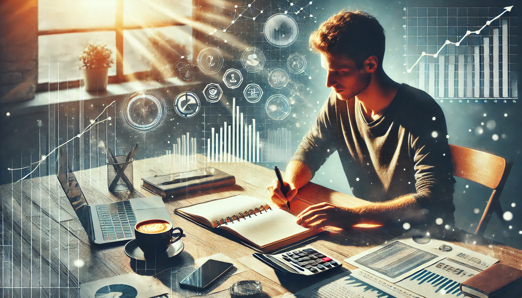 A person at a desk surrounded by financial planning tools.