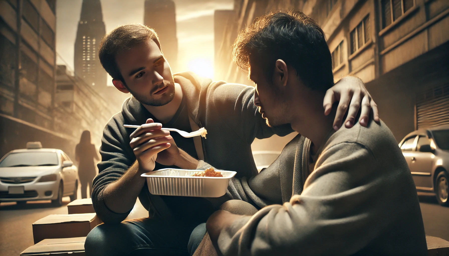 A person helping a poor individual in need by sharing food or offering a comforting hand on their shoulder.