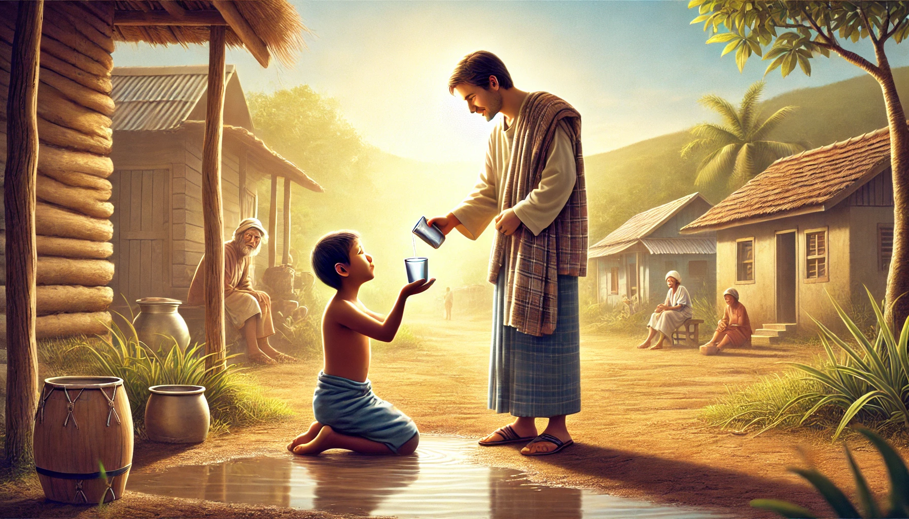 A person is offering a cup of cold water to a thirsty child in a warm outdoor setting.