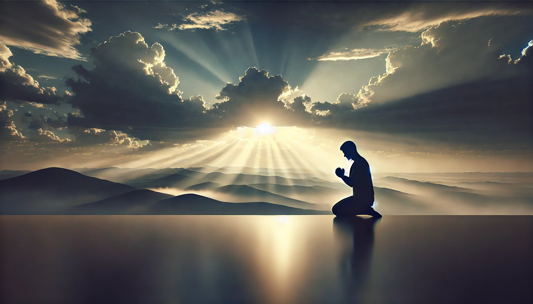 A person kneeling in prayer at dawn, with soft light breaking through a cloudy sky.