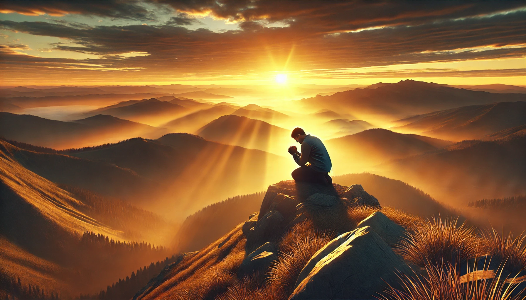 A person kneeling in prayer on a mountaintop at sunrise.