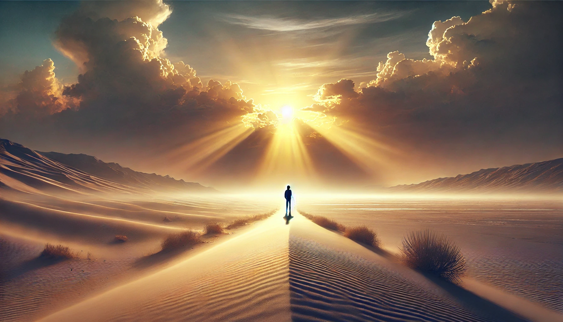 A person standing at the edge of a vast desert path during sunset.