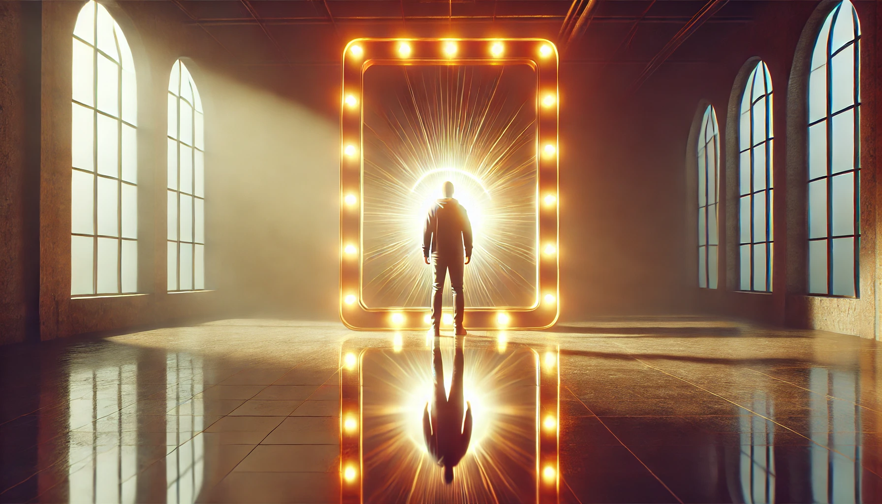 A person standing by a large mirror, with their reflection showing radiant light.