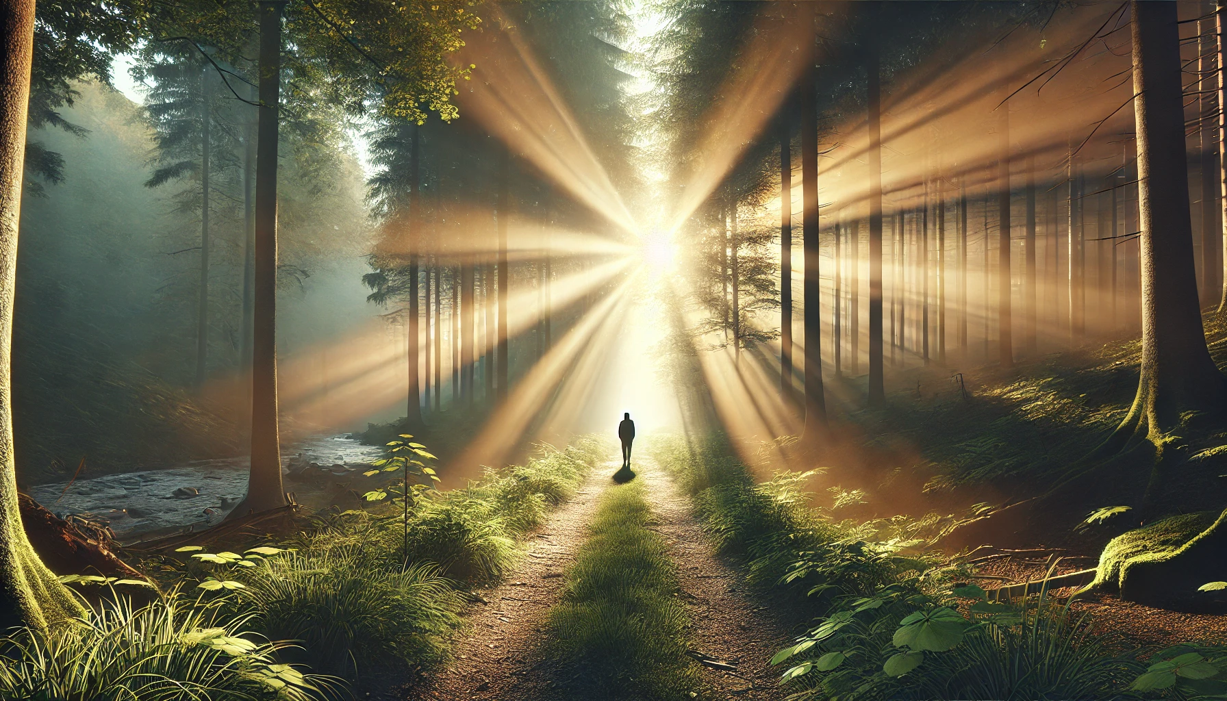 A person walking along a forest path at sunrise, with rays of light streaming through the trees.