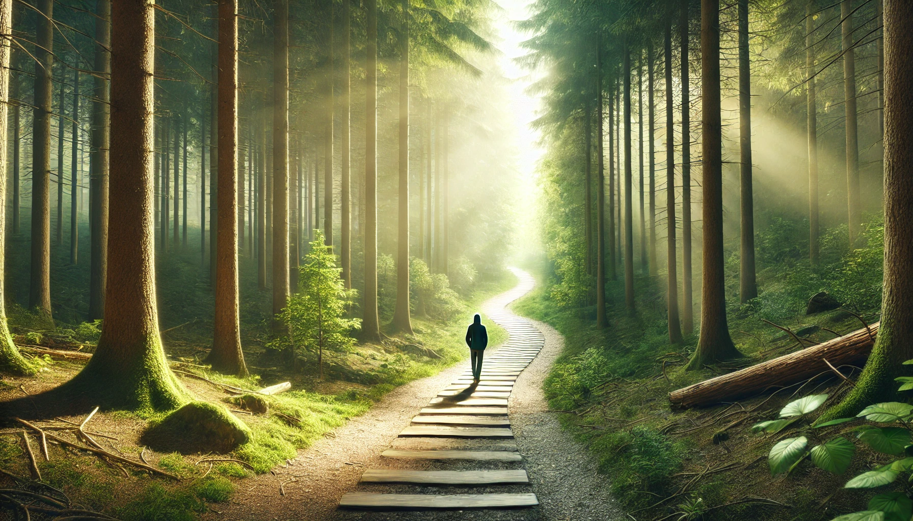 A person walking down a winding forest path leading to a bright clearing.