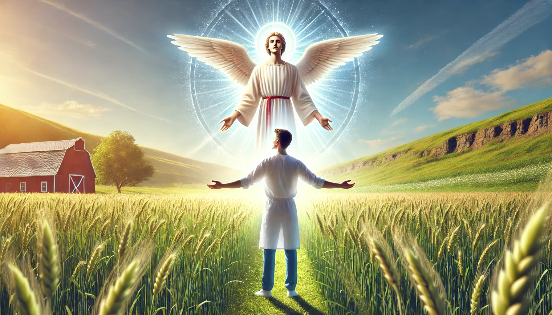 A photorealistic illustration of a healthy person standing in a sunlit field, arms outstretched in gratitude, with a peaceful and joyful expression. A