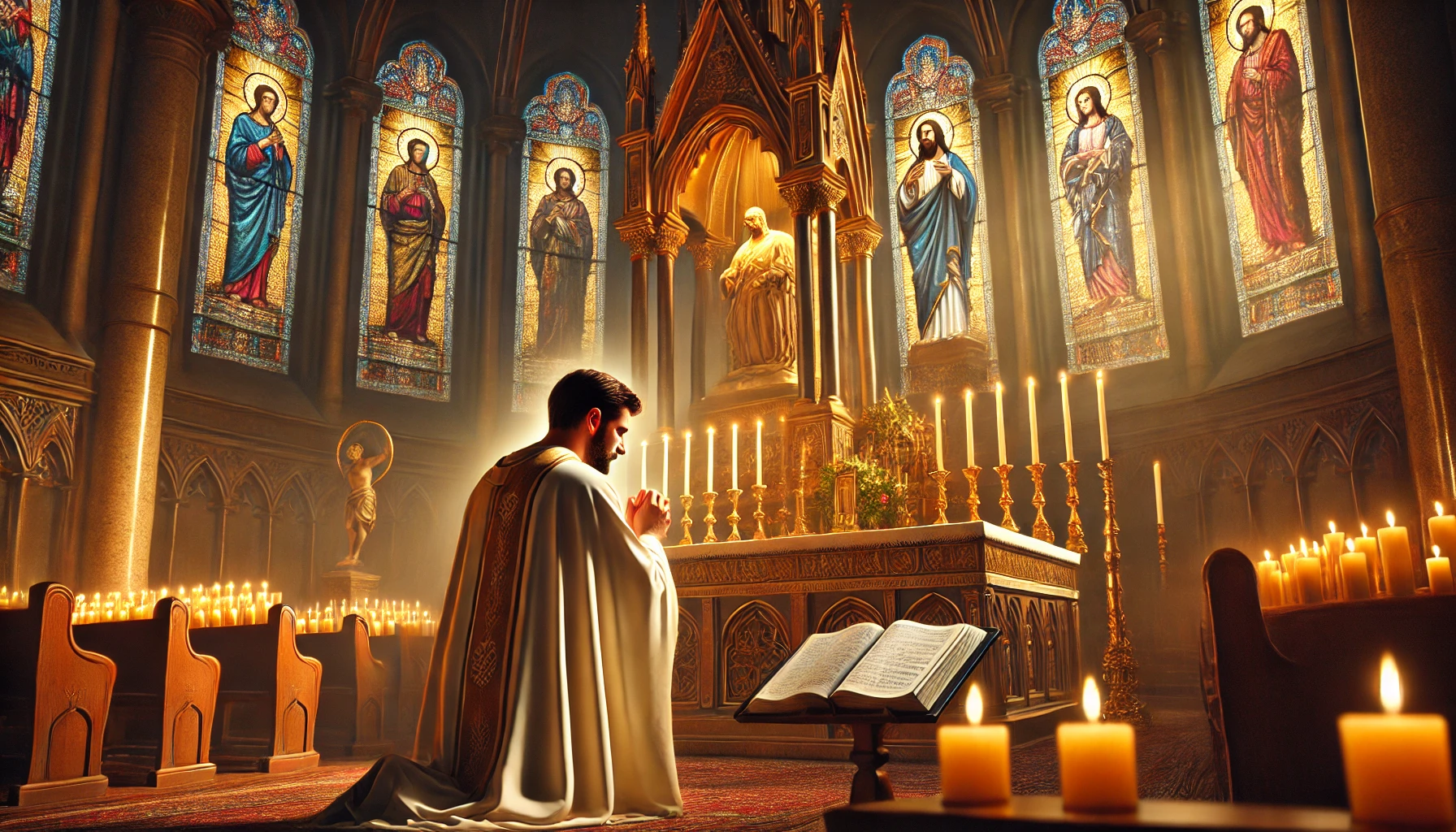 A photorealistic illustration of a person kneeling in prayer at the altar of St. Jude, praying for the healing of a friend. The individual, illuminate