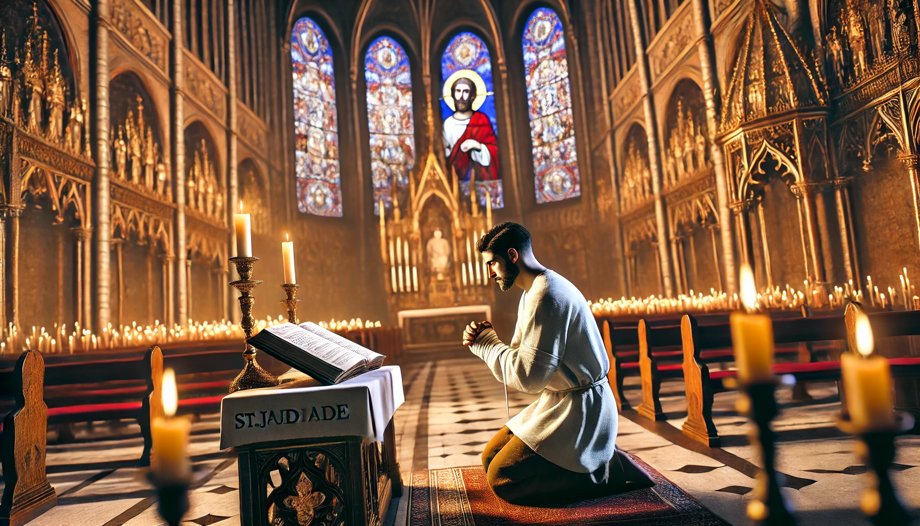 A photorealistic illustration of a person kneeling in prayer at the altar of St. Jude, seeking healing from an injury. The individual appears physical