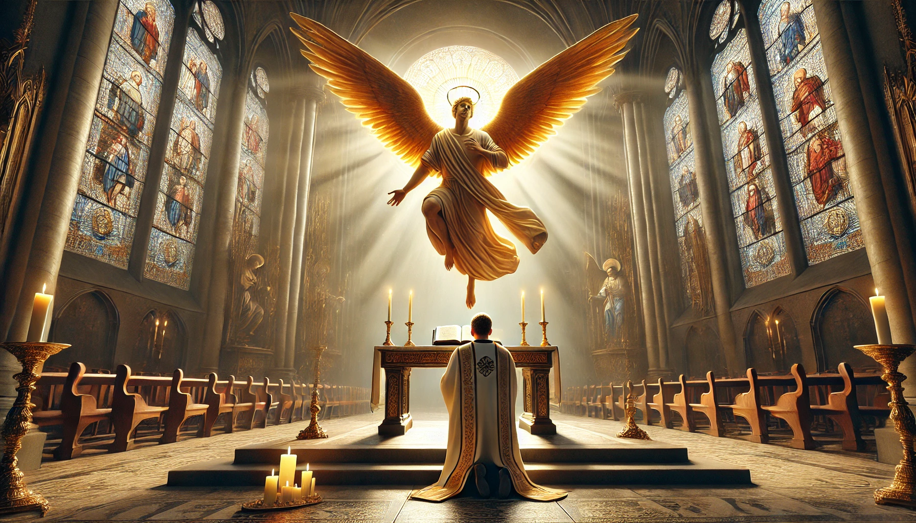 A photorealistic illustration of a person kneeling in prayer in a grand cathedral, seeking the intercession of St. Raphael. A divine, glowing presence