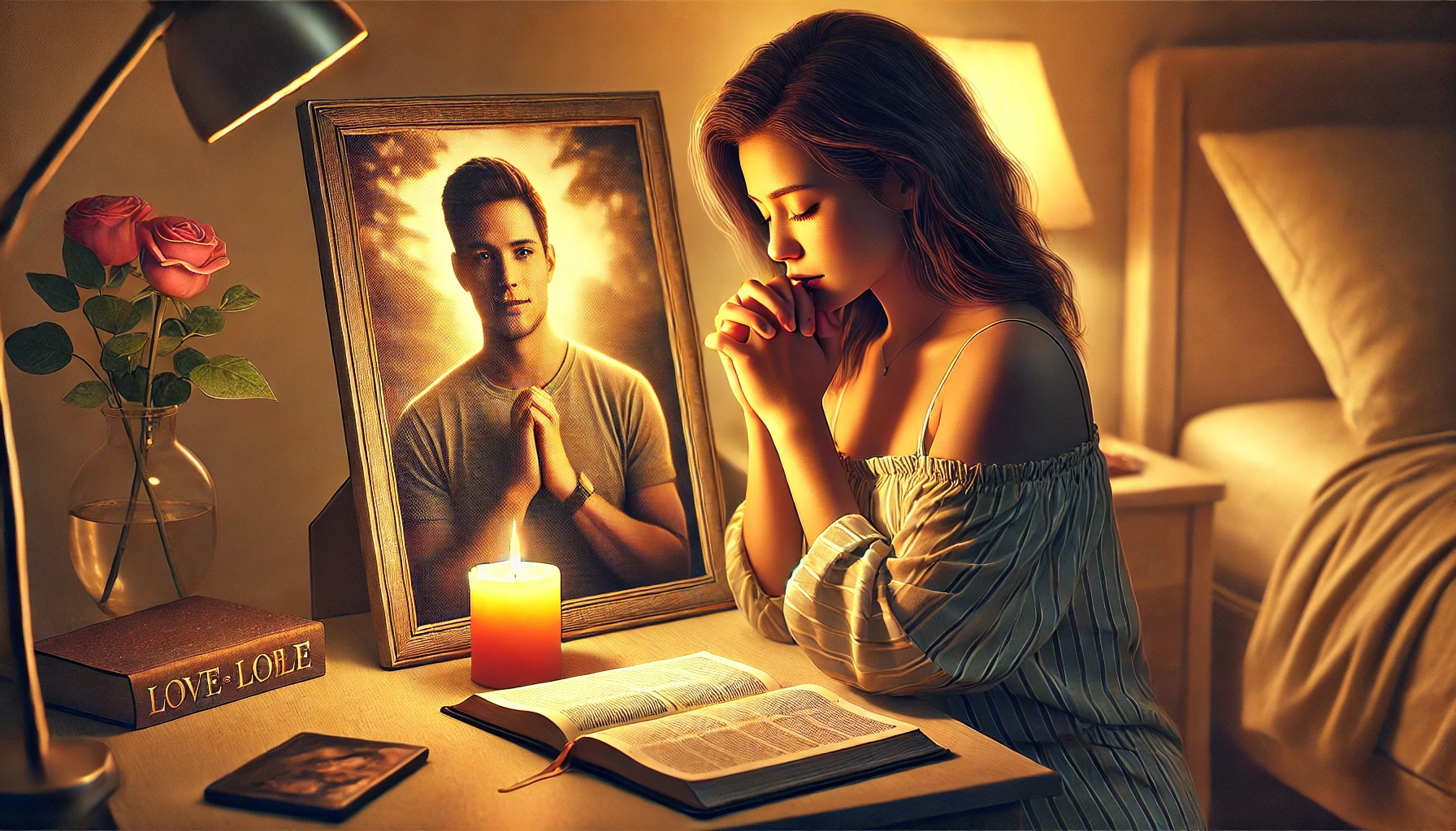 A photorealistic illustration of a woman praying with her hands folded in a peaceful room, with a photo of her boyfriend on a nearby table. The room i