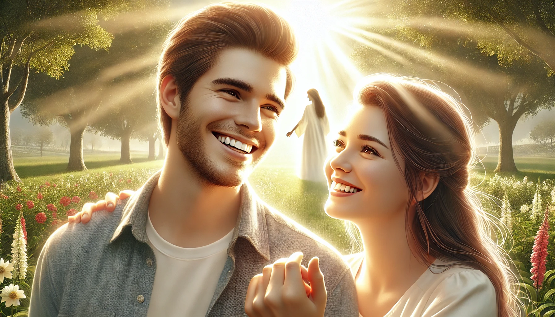 A photorealistic illustration of a young couple sharing a joyful moment in a sunlit park, symbolizing happiness and love. The man is smiling warmly as