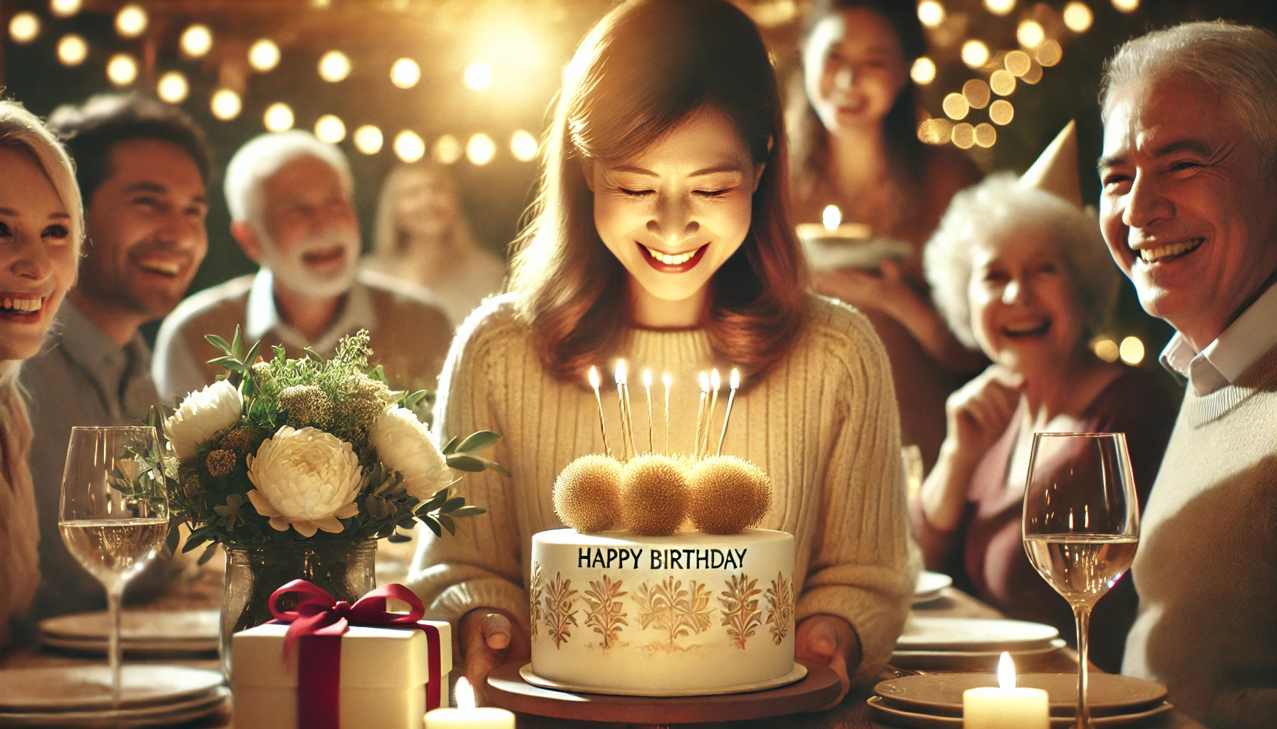 A photorealistic illustration of an adult woman celebrating her birthday in a warm and joyful setting. She is surrounded by family and friends, with a