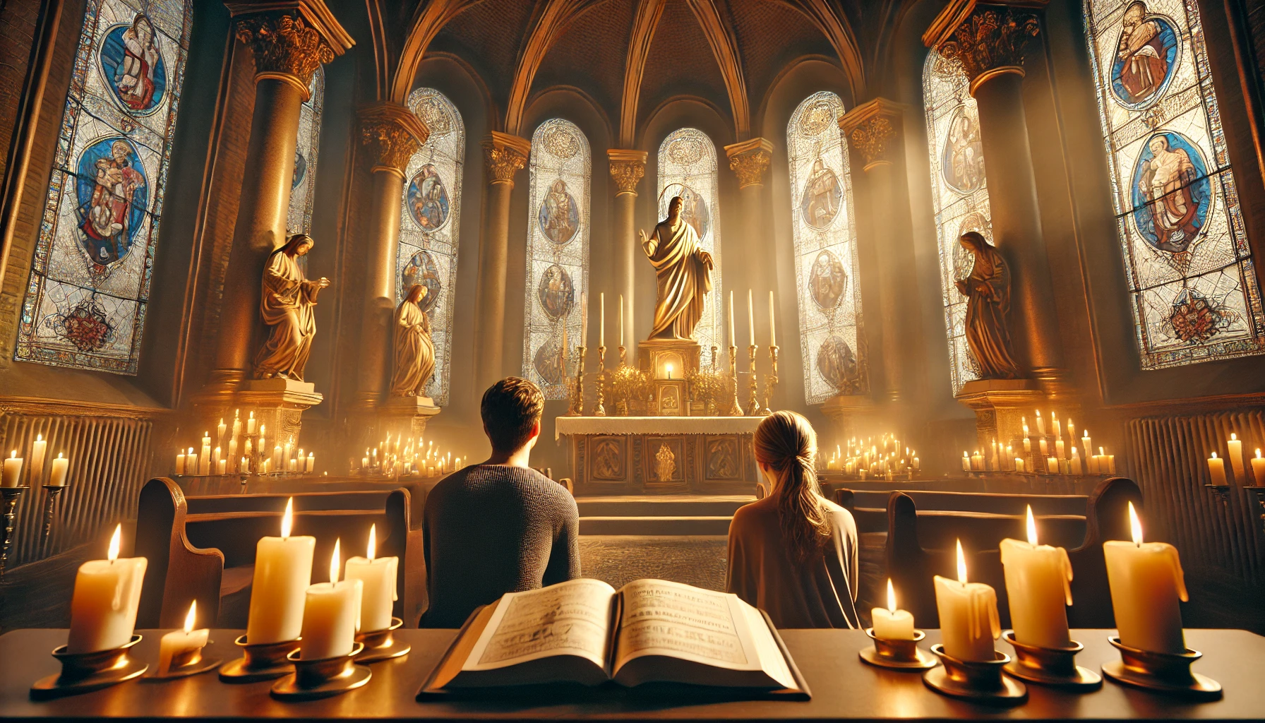 A photorealistic illustration of two people sitting in a grand, candlelit church, deep in prayer at the altar of St. Jude. Their expressions show sorr