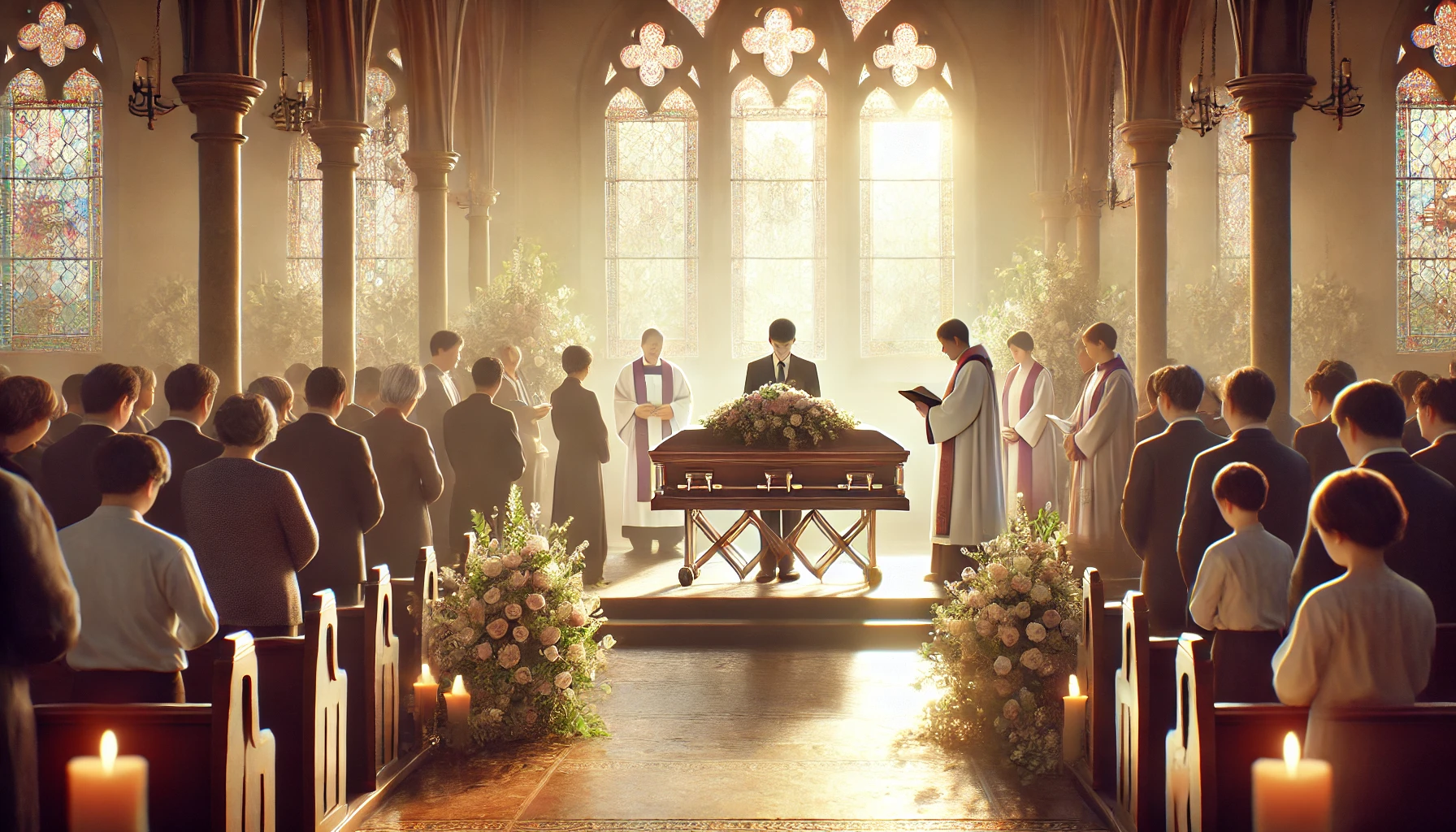 A photorealistic scene of a funeral service in a peaceful setting. Mourners are gathered around a casket adorned with white flowers, offering prayers