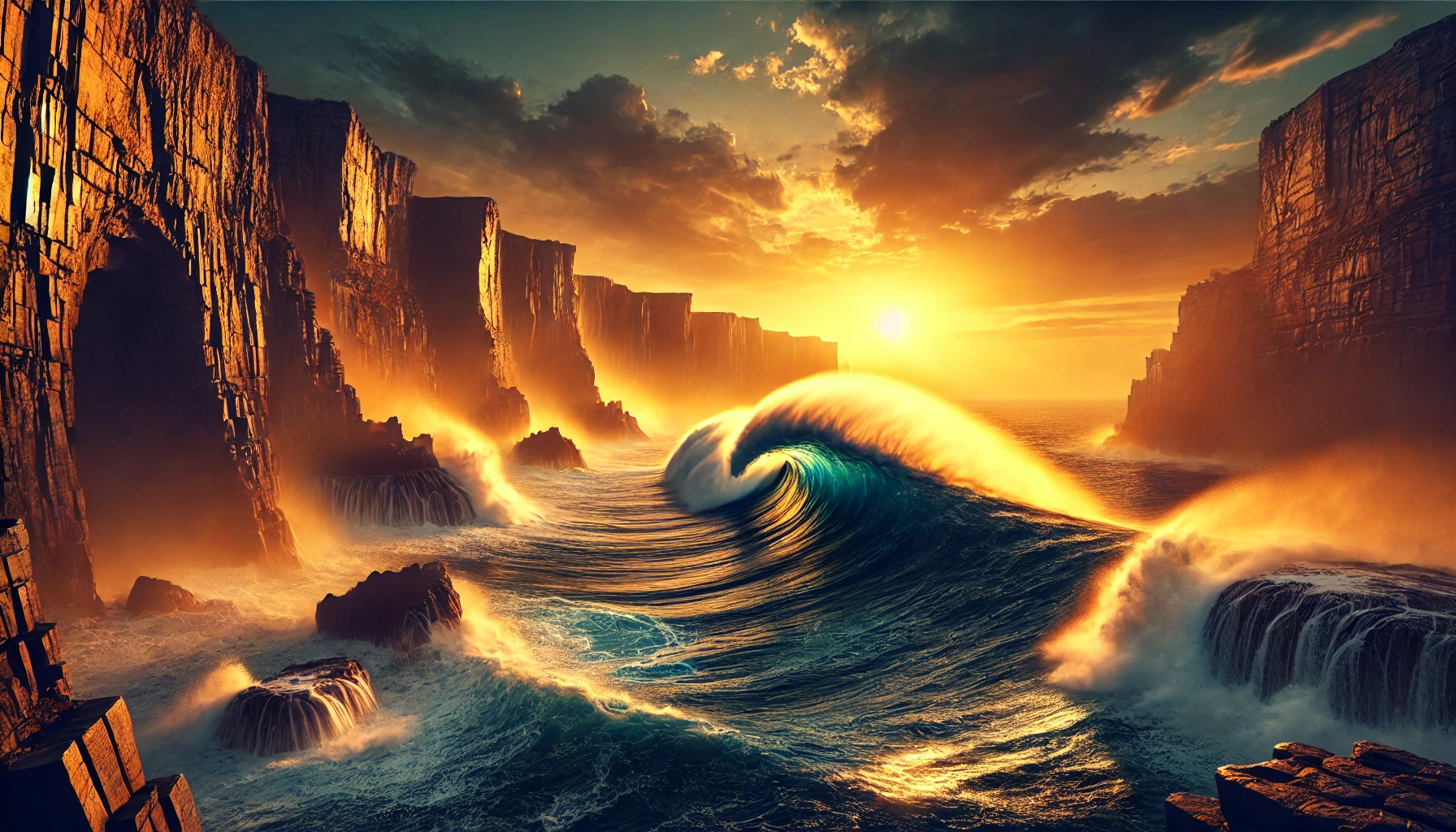 A powerful ocean wave crashing against rugged cliffs during a vibrant sunset.