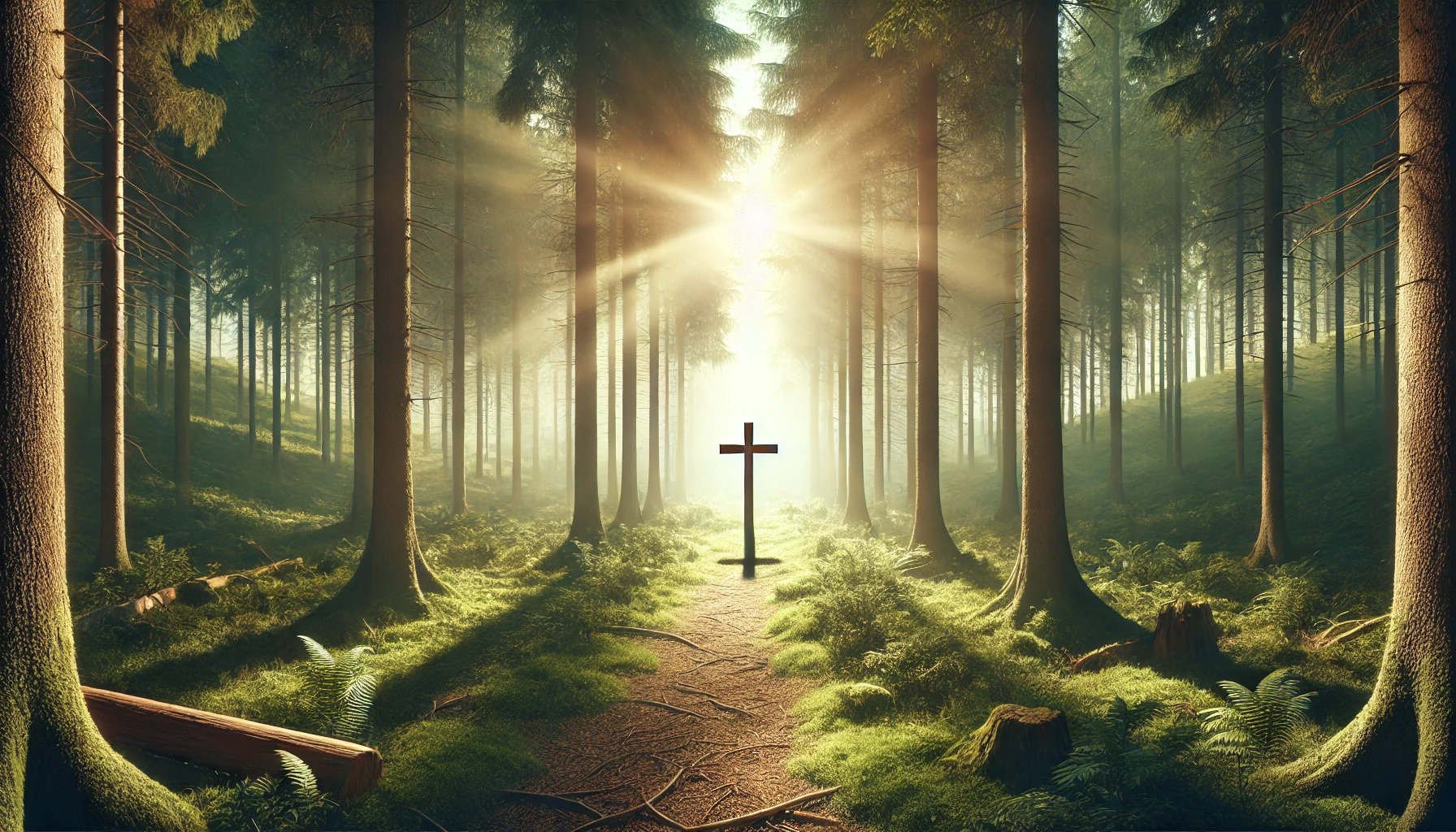 A quiet forest clearing with sunlight streaming through the trees, illuminating a wooden cross in the center.