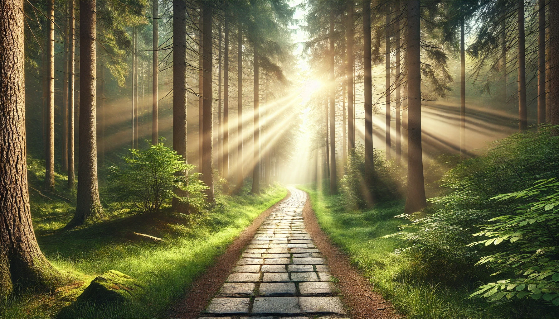 A quiet forest path with sunlight streaming through tall trees.