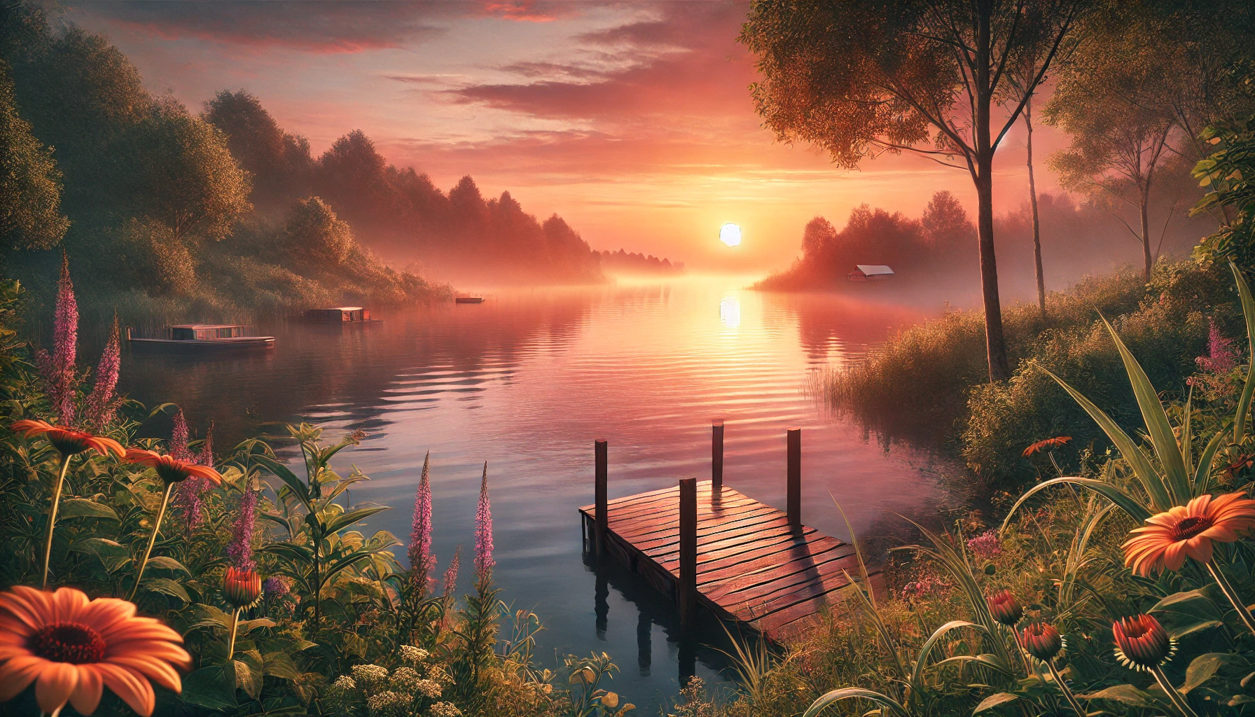 A quiet lakeside at sunrise.