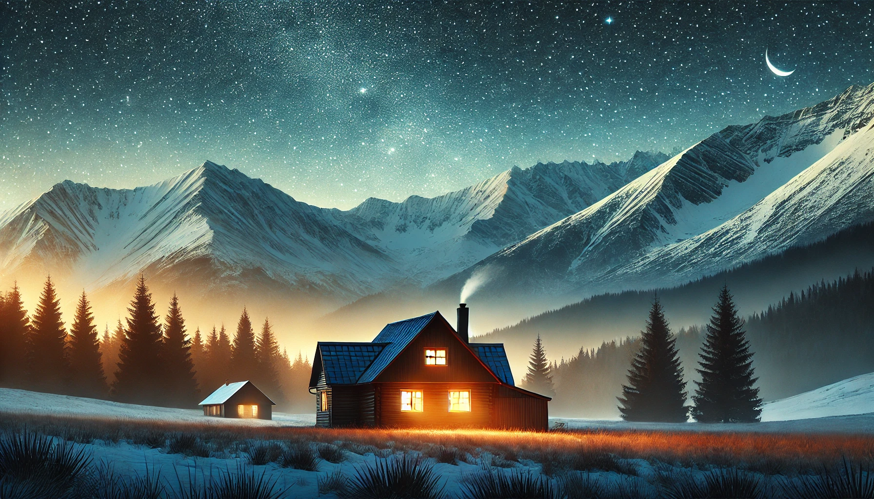 A quiet mountain cabin at dusk with warm light glowing from its windows.