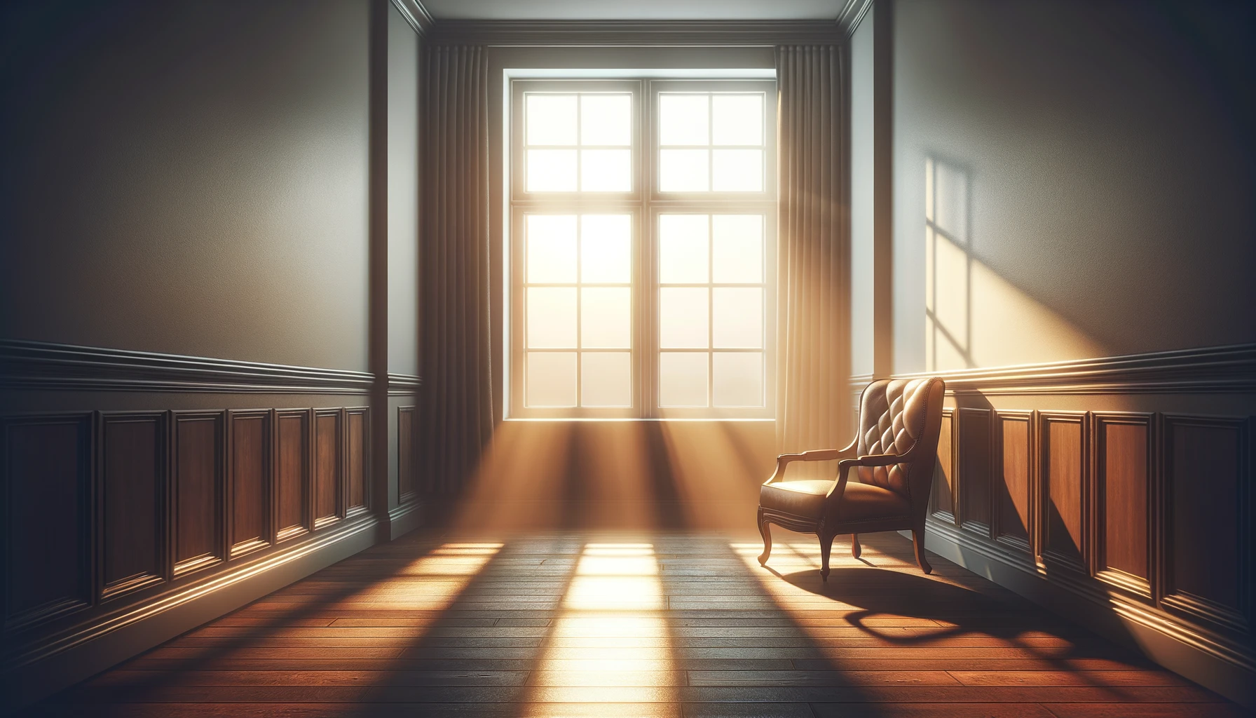 A quiet room with a single chair by a window.