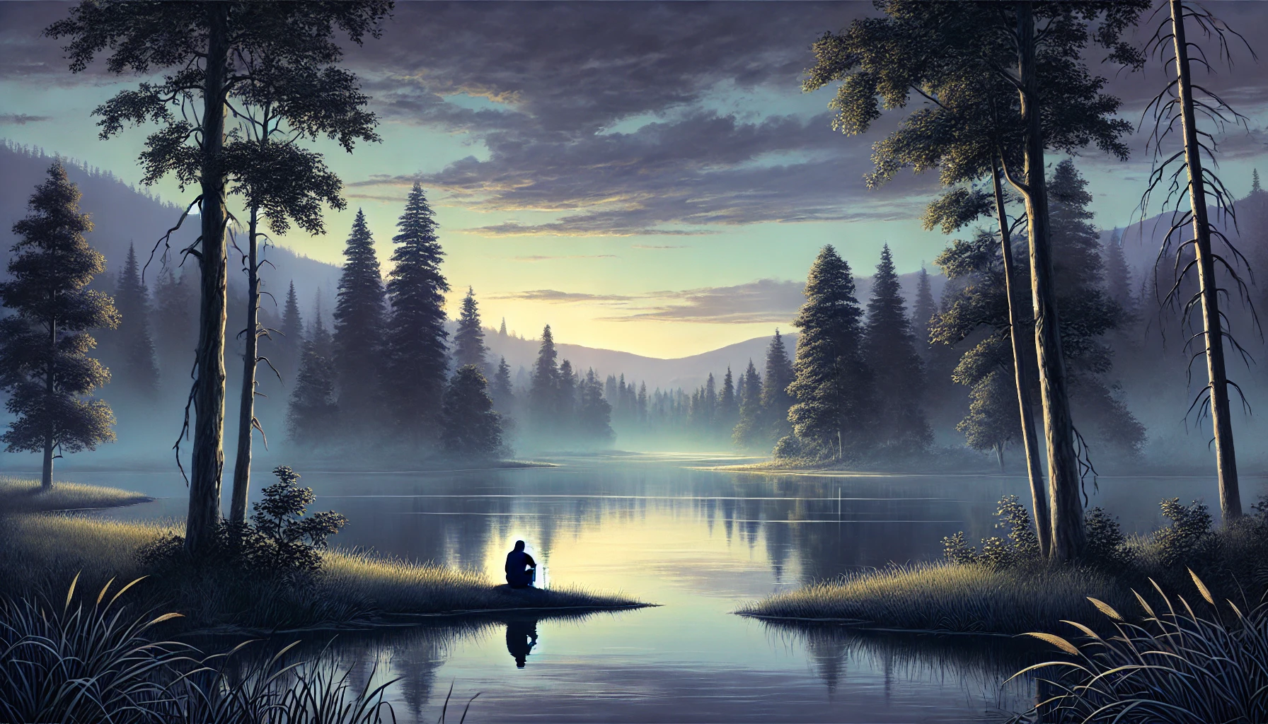 A quiet, serene landscape featuring a calm river under a twilight sky.