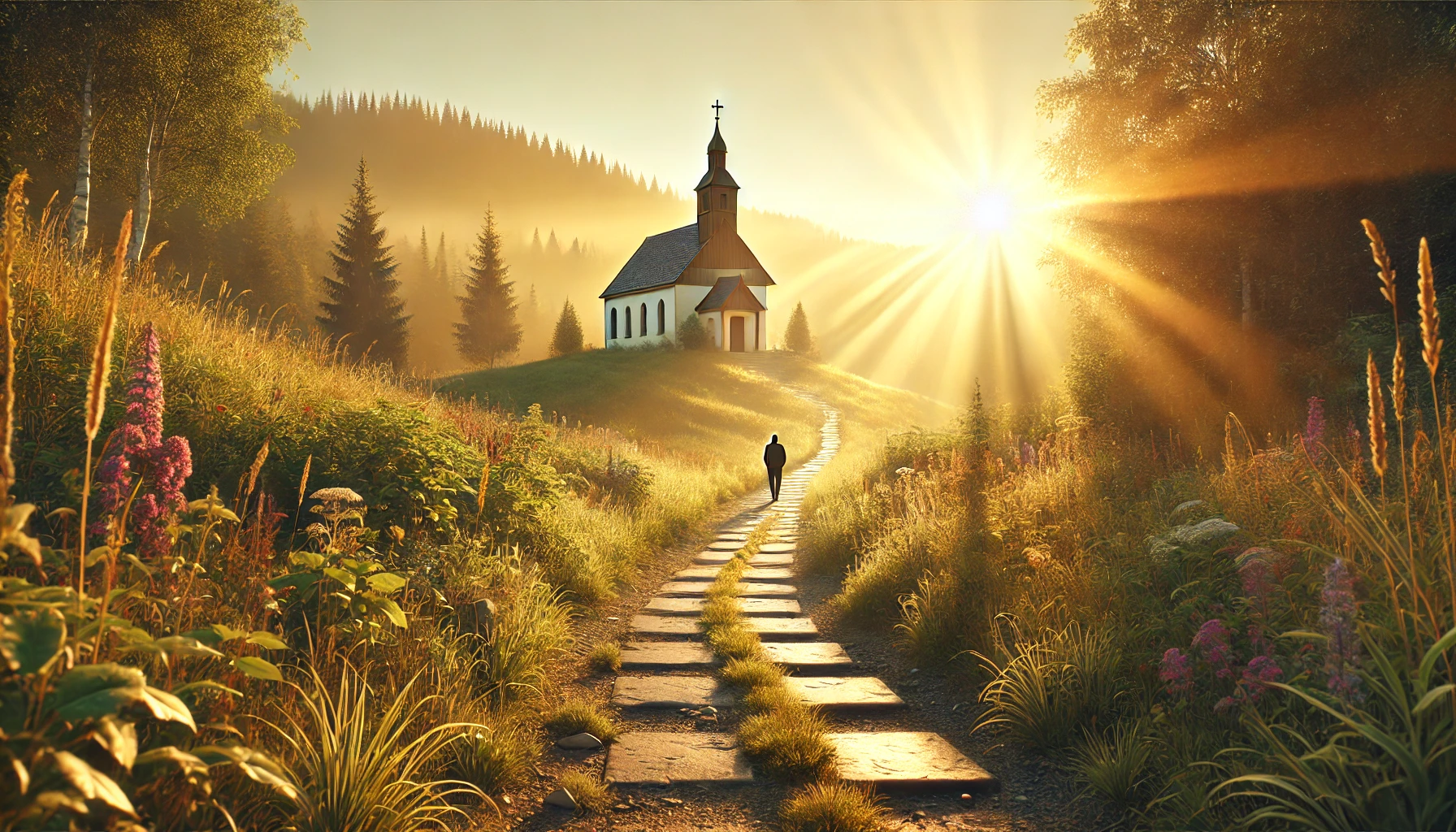 A quiet, sunlit path leading to a small chapel on a hill.