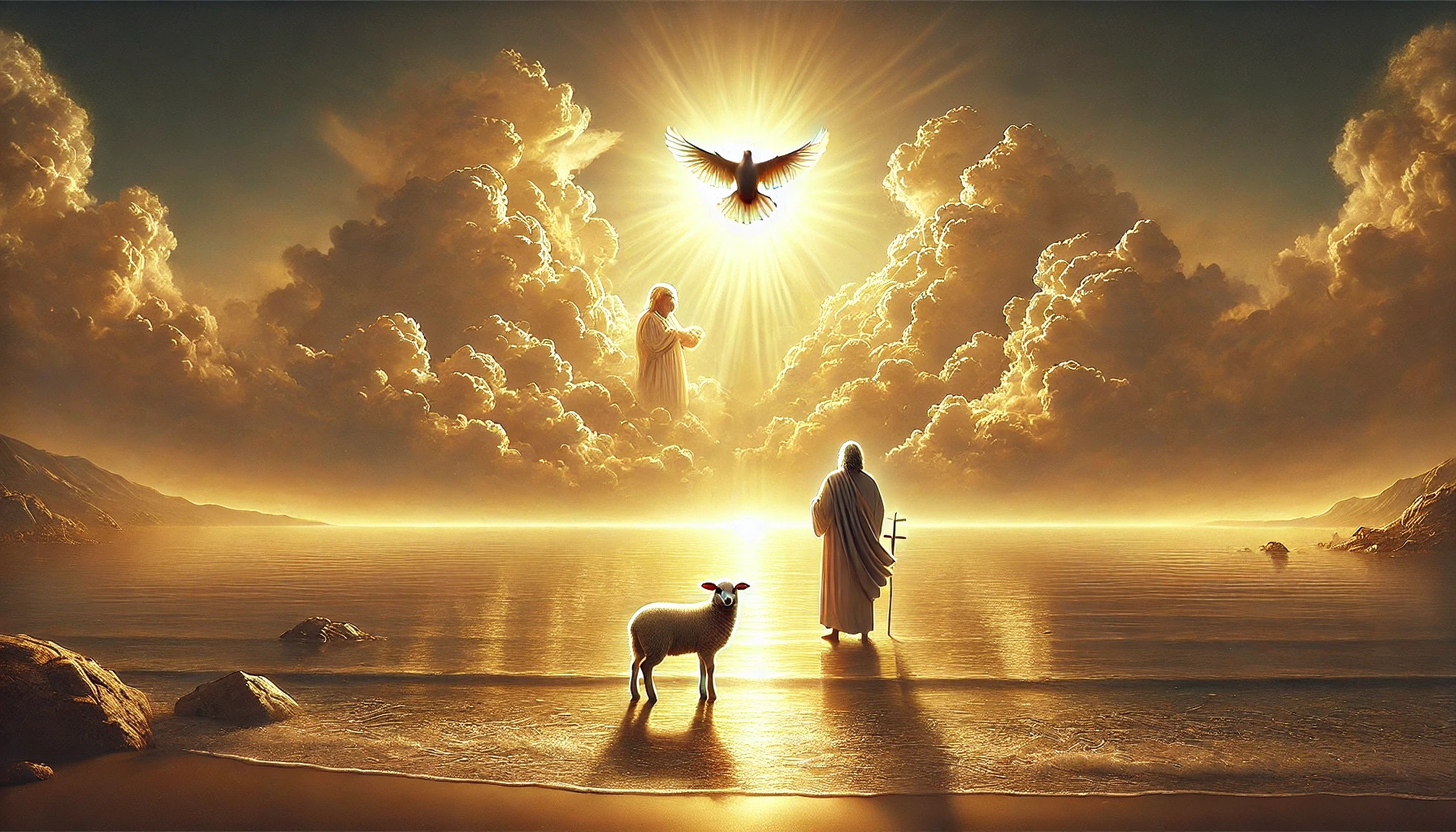 A radiant sun breaking through clouds above a calm sea, a lamb, and Jesus Christ