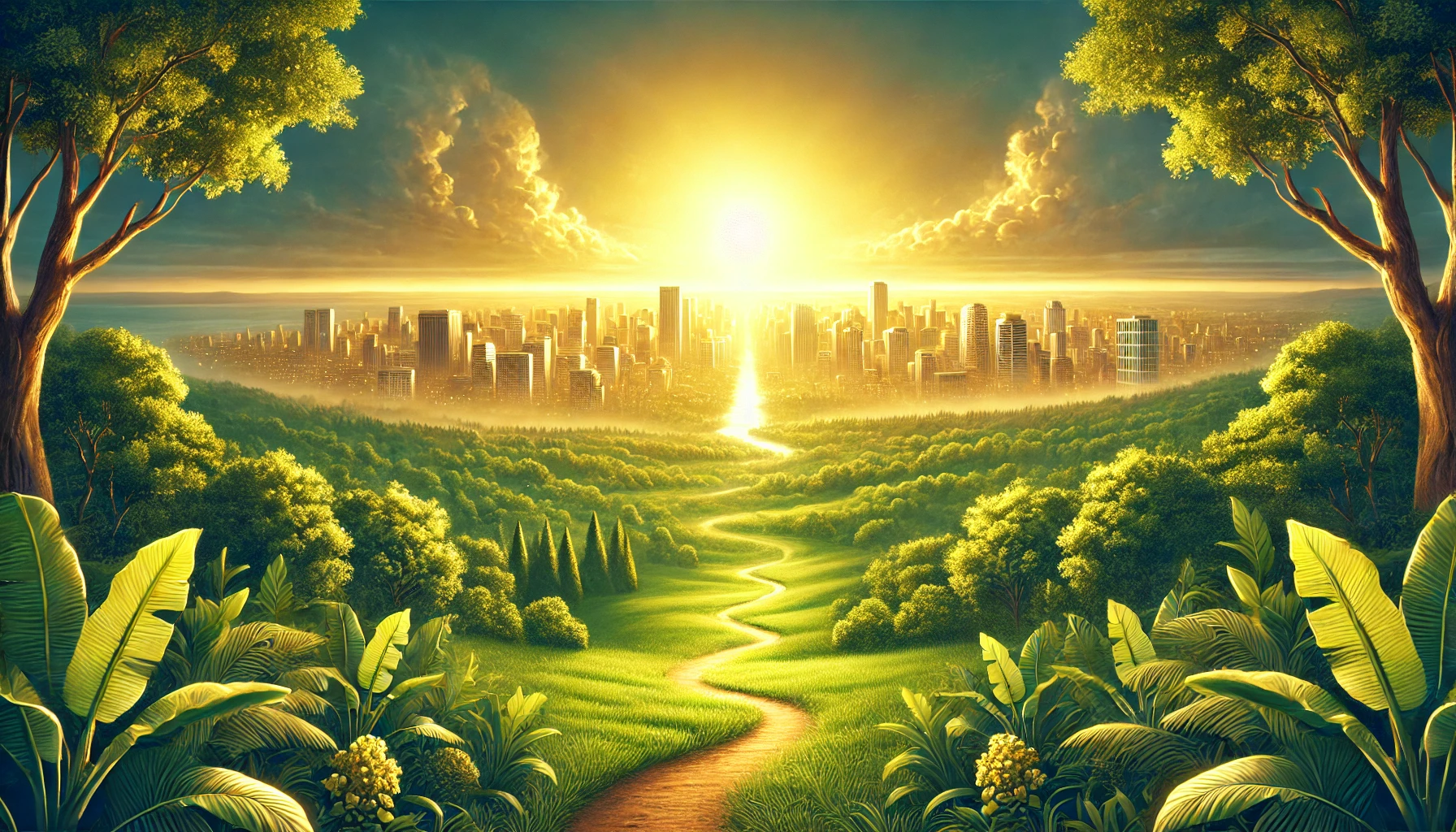 A radiant sunrise over a cityscape with lush greenery in the foreground.