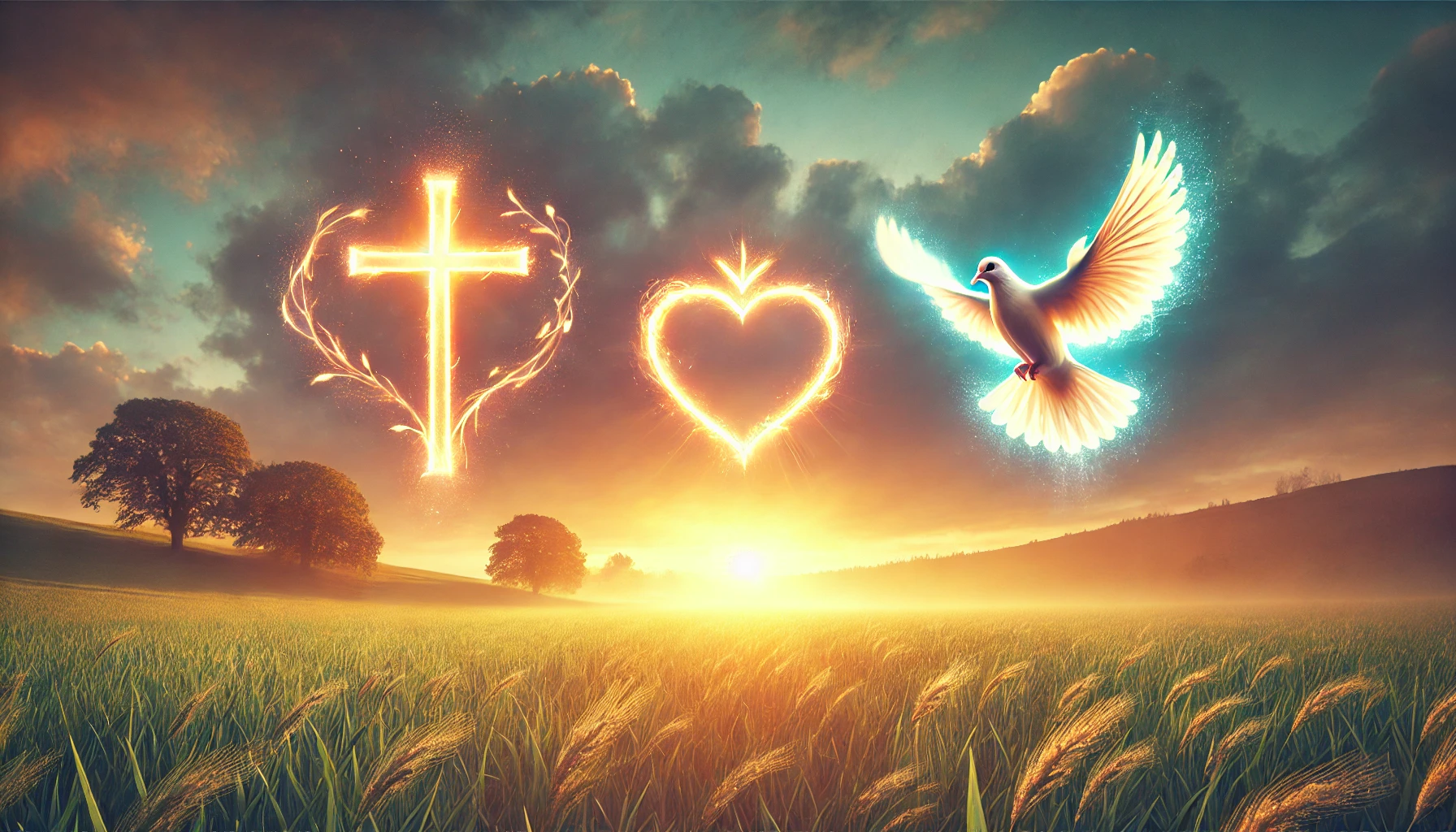 A radiant sunrise over a tranquil field with three symbols.