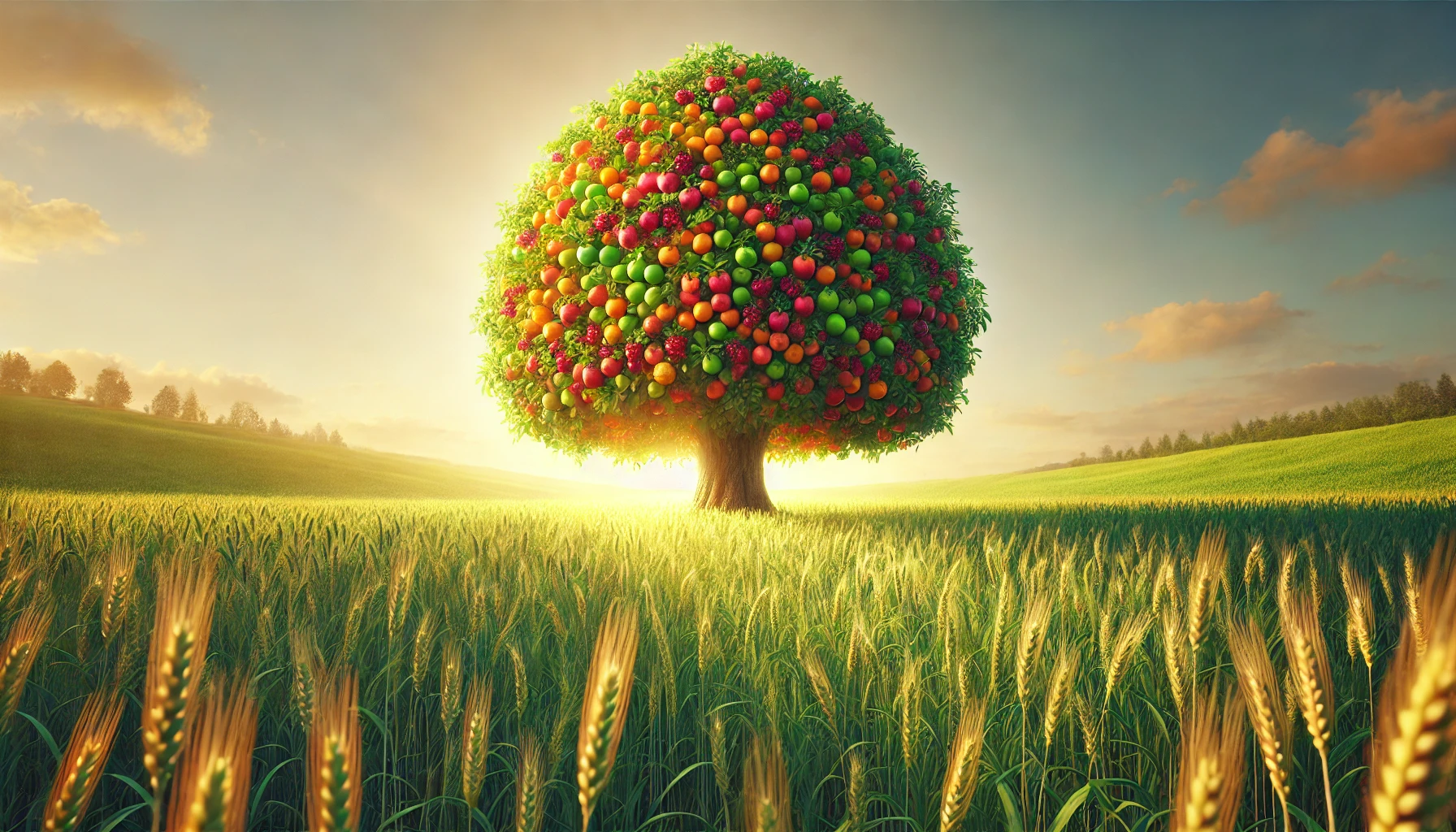 A radiant tree in the middle of a lush green field, heavy with vibrant and colorful fruit.