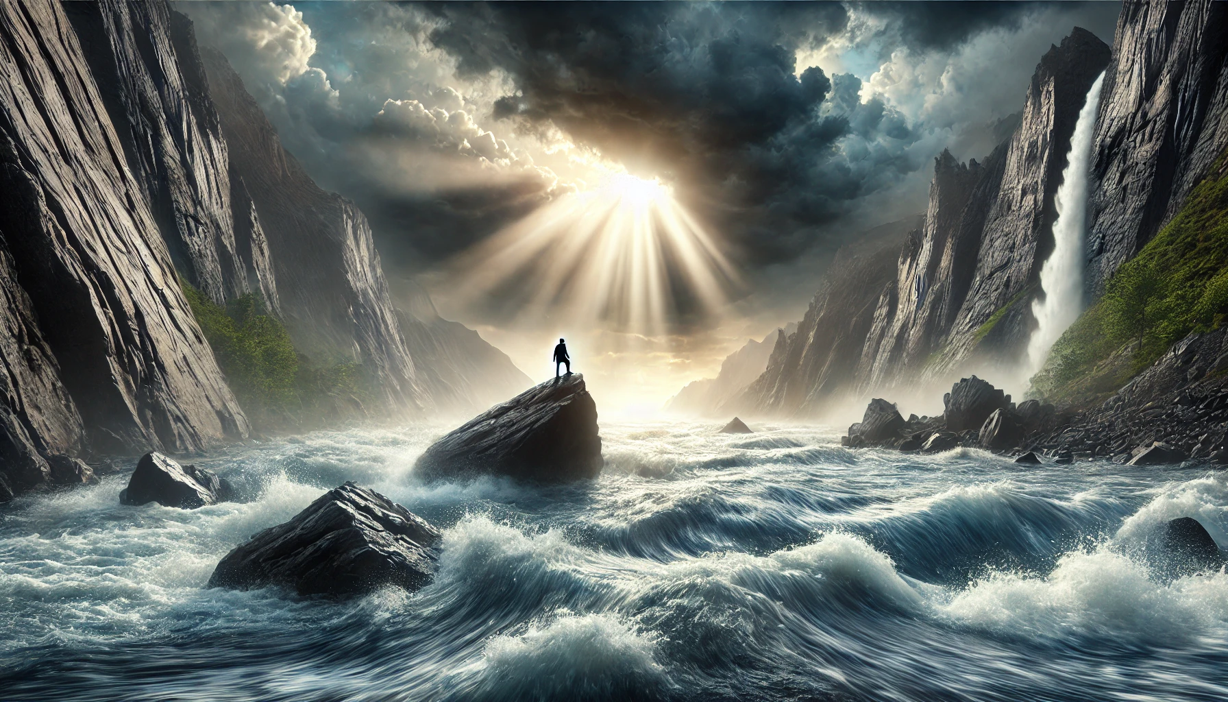 A raging river surrounded by rugged cliffs, with a radiant beam of light breaking through storm clouds.