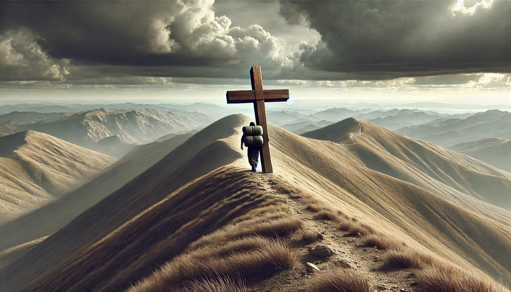 A rugged hill under a cloudy sky, with a lone figure carrying a large wooden cross.