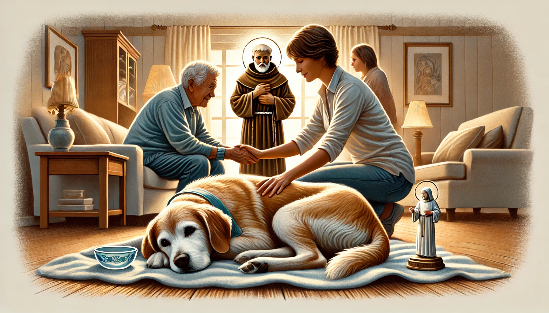 A serene and comforting illustration of an elderly dog resting on a soft blanket in a cozy living room. The family surrounds the dog with gentle hands