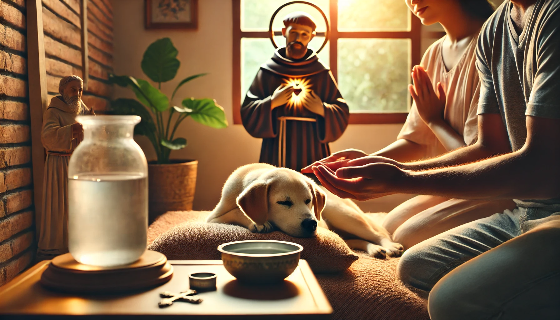 A serene and comforting scene of a family praying over a sick dog in their home. The setting features warm light, gentle hands placed on the dog, and 