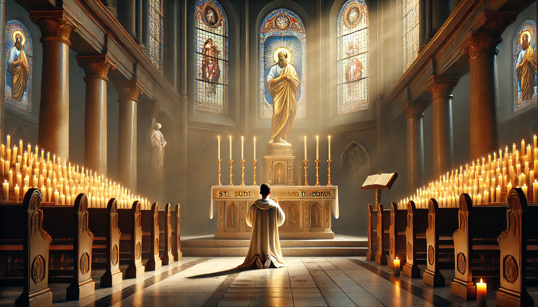 A serene and photorealistic illustration of a person kneeling in prayer at the altar of St. Jude in a grand, candlelit church. The figure is illuminat