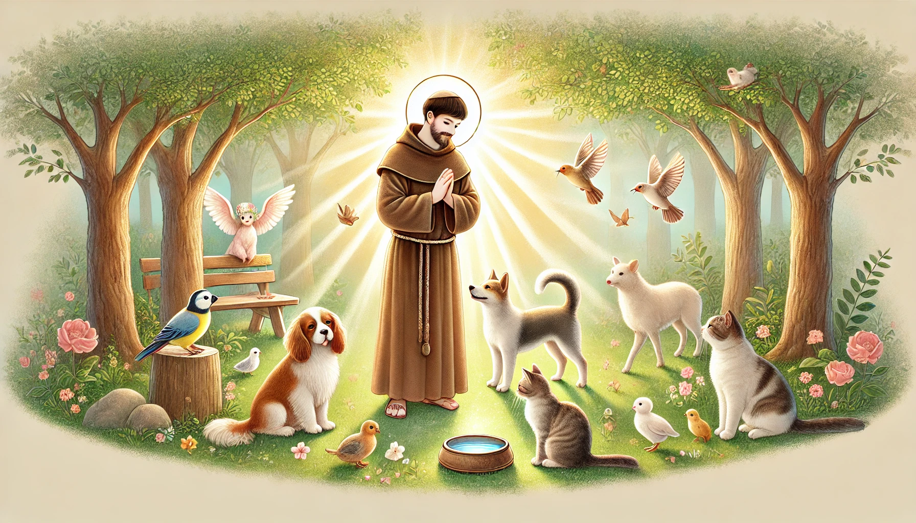 A serene and uplifting illustration of St. Francis of Assisi standing in a peaceful garden surrounded by various animals, including a dog, a cat, bird