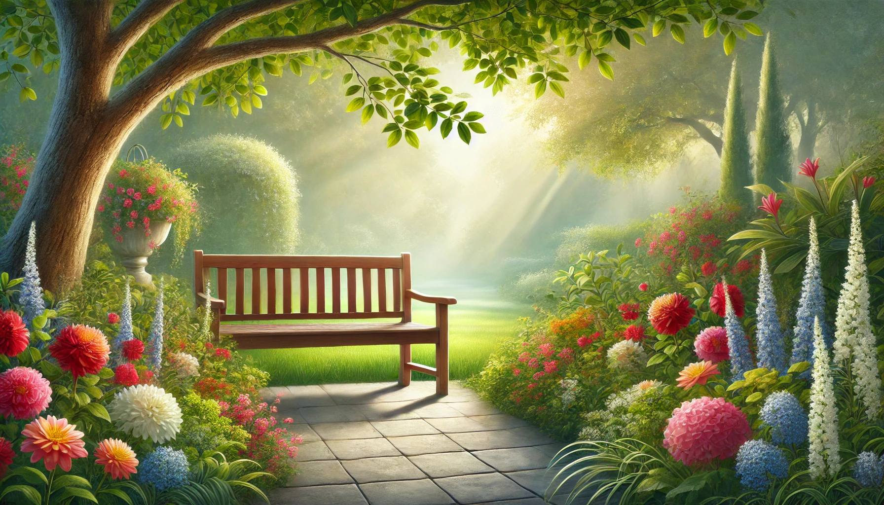 A serene garden setting with vibrant flowers, a wooden bench under a canopy of trees.