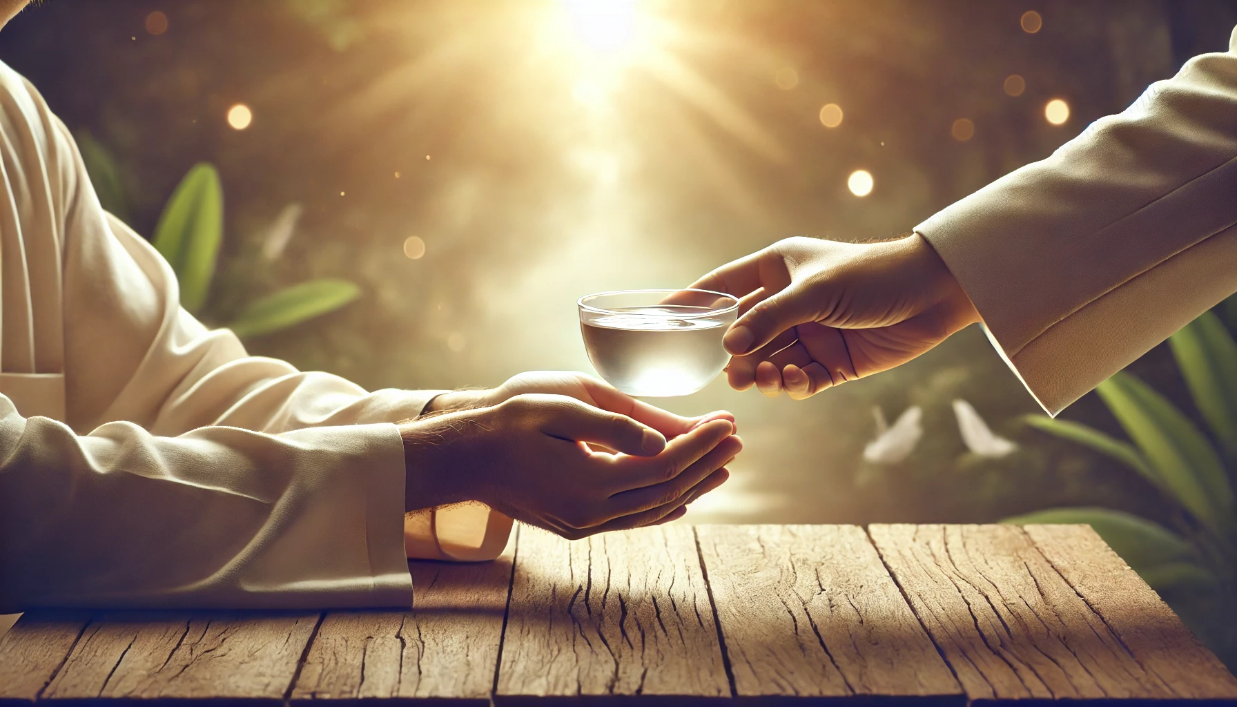 A serene hand offering a cup of water to another.