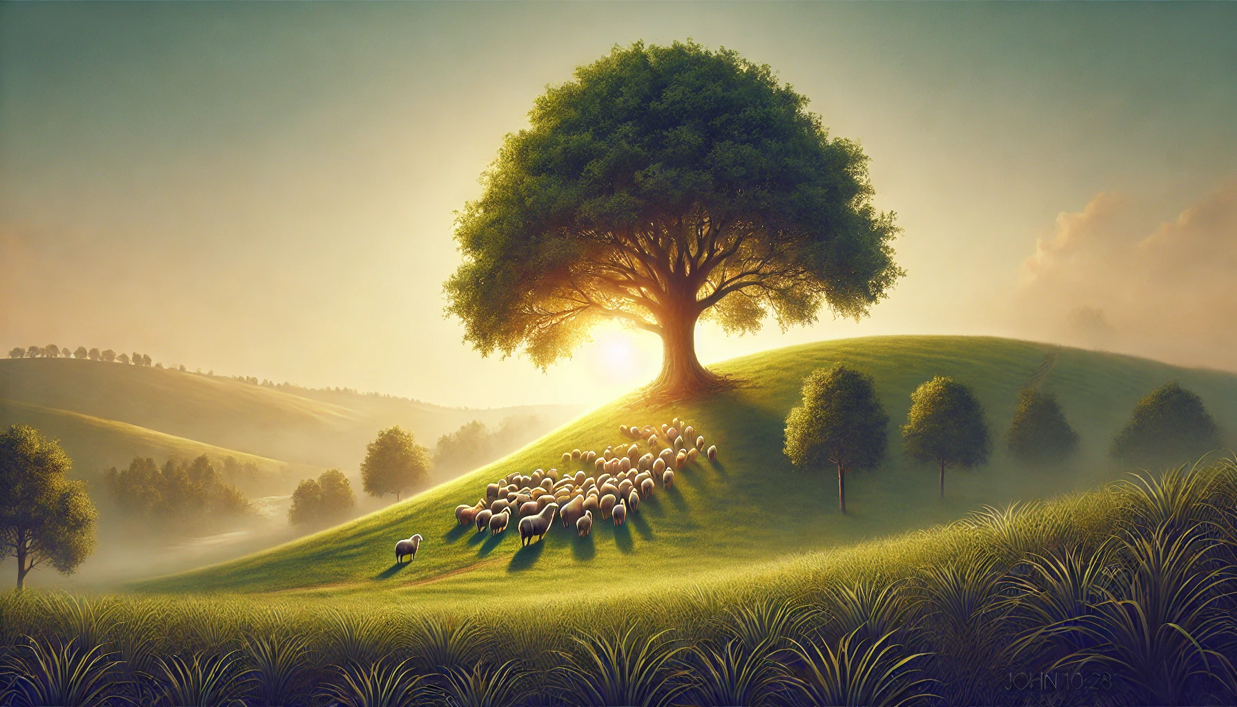 A serene hillside with a single protective tree shading a small flock of sheep.