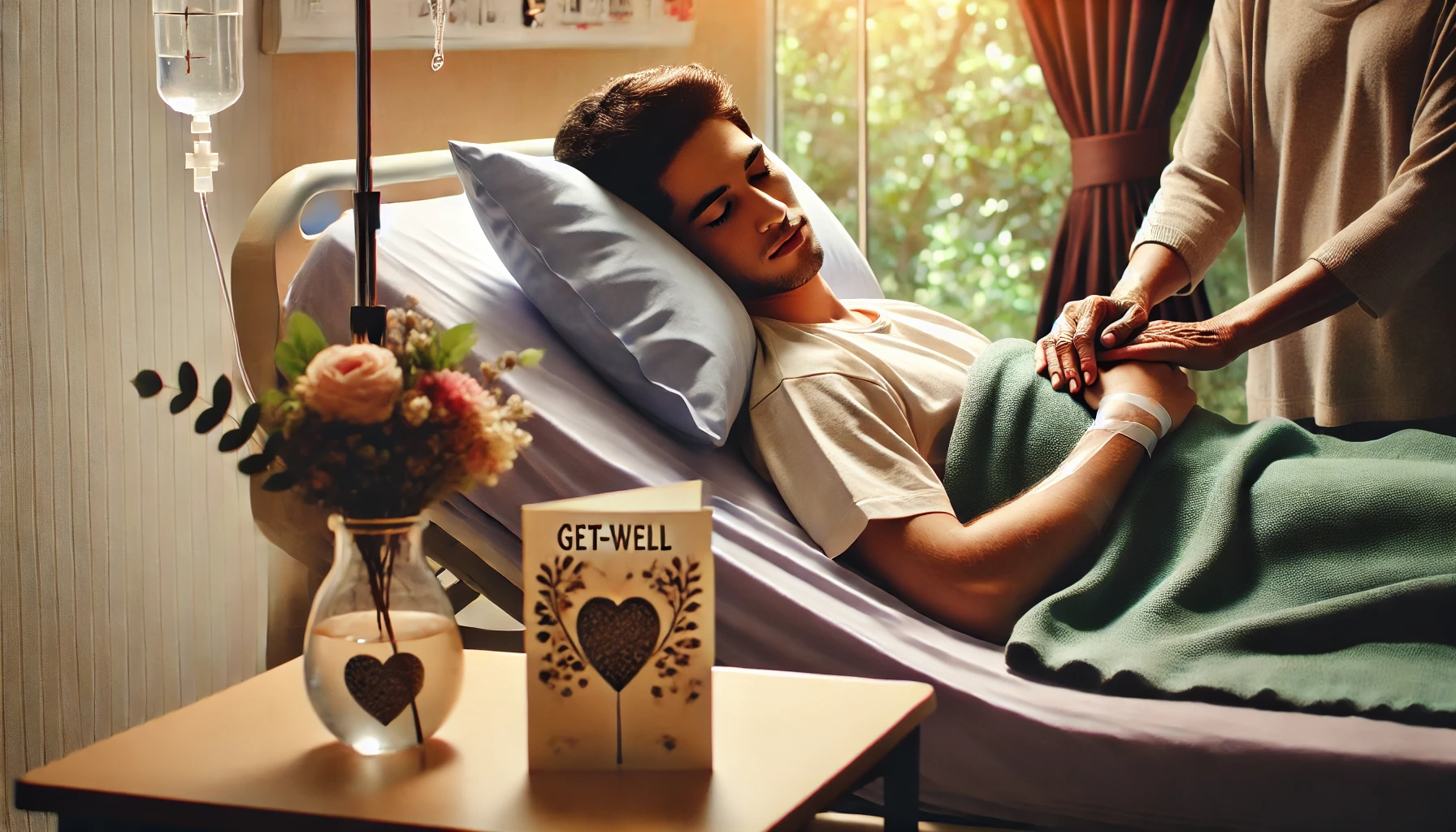 A serene hospital room where a young man rests peacefully in bed, with a comforting hand placed on his arm by a family member. A get-well card and a v