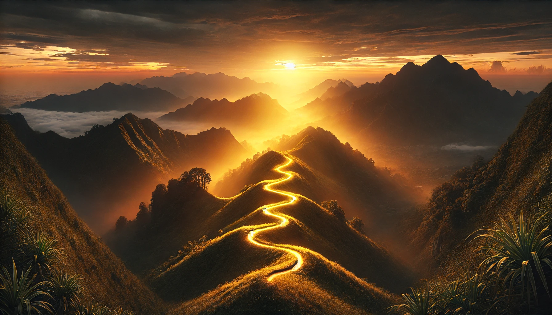 A serene mountain landscape at sunrise, with a winding path illuminated by golden light.