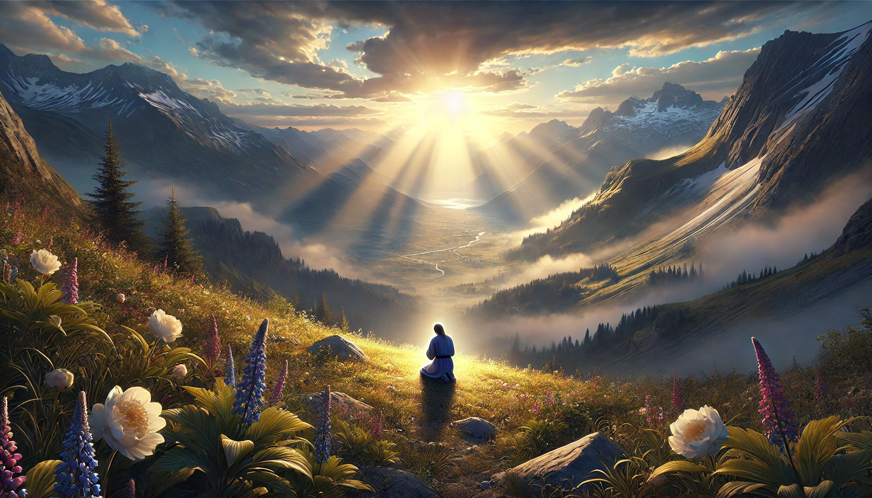 A serene mountain landscape with a clear sky, where a radiant light shines down on a solitary figure kneeling.