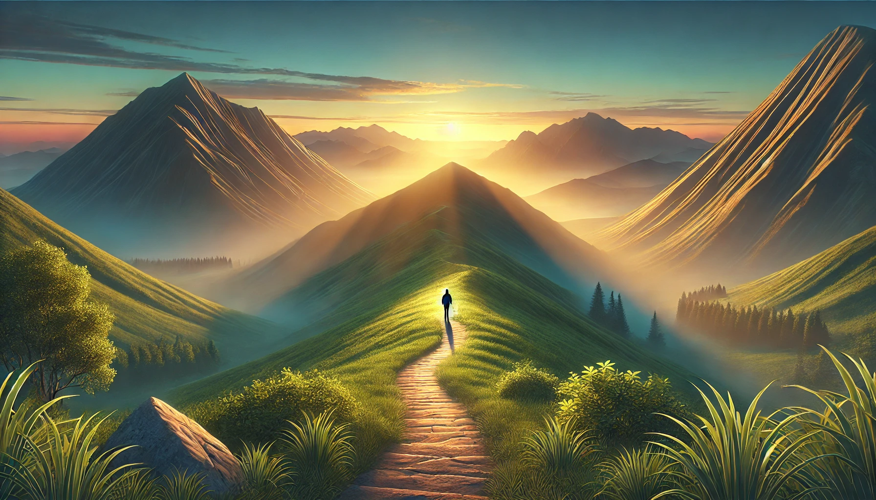 A serene mountain path illuminated by golden sunlight.