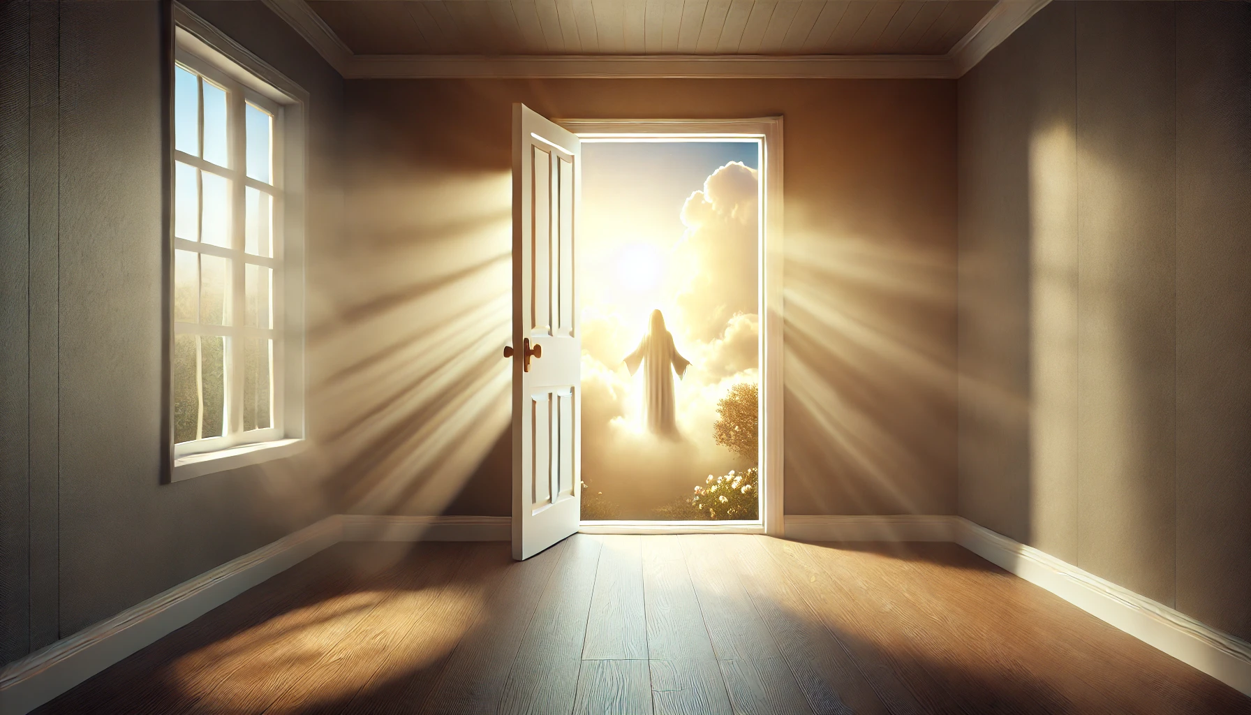 A serene open door in a dimly lit room, with radiant sunlight streaming through.