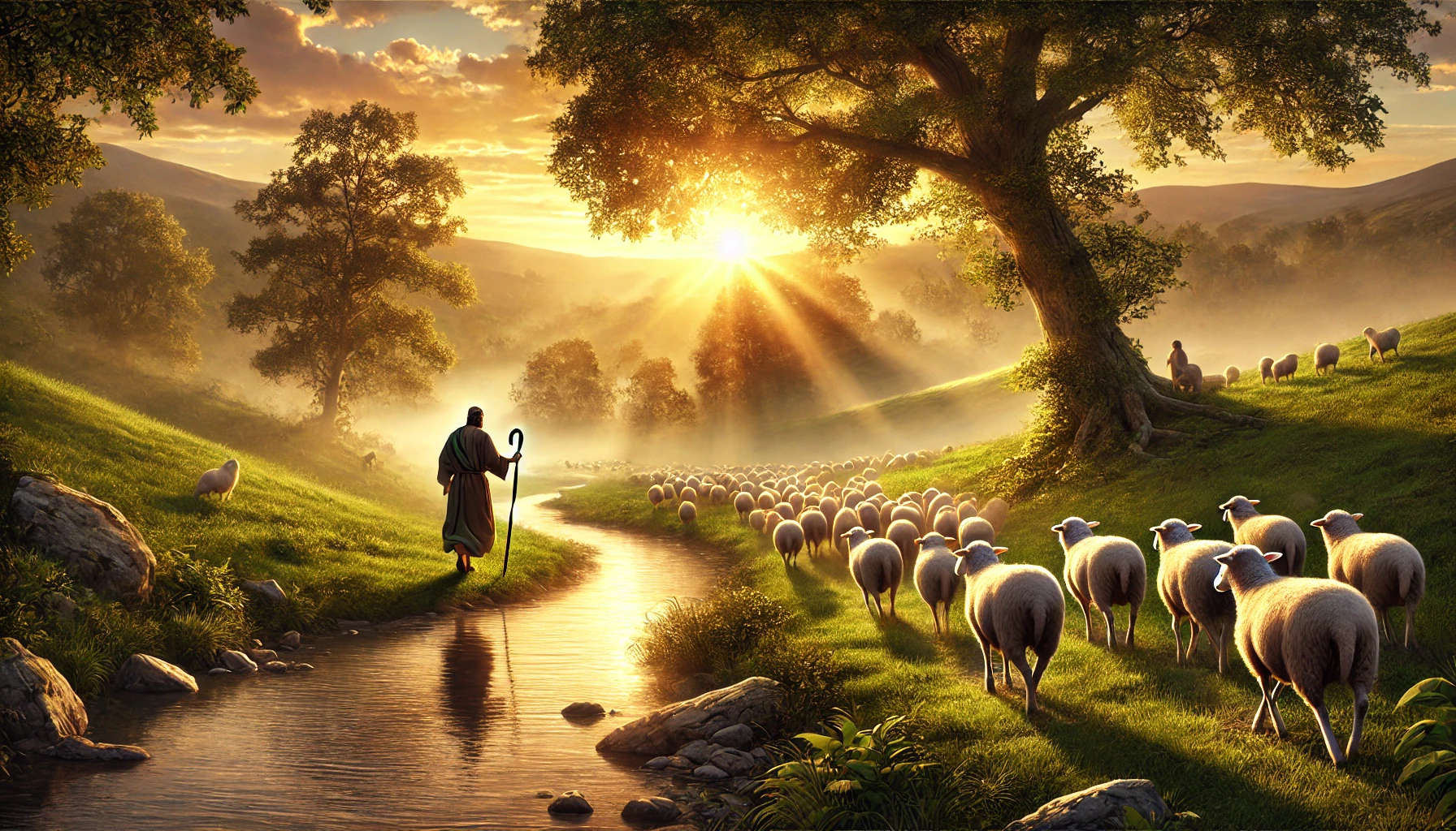 A serene pastoral scene with a shepherd leading sheep along a quiet hillside at sunrise.