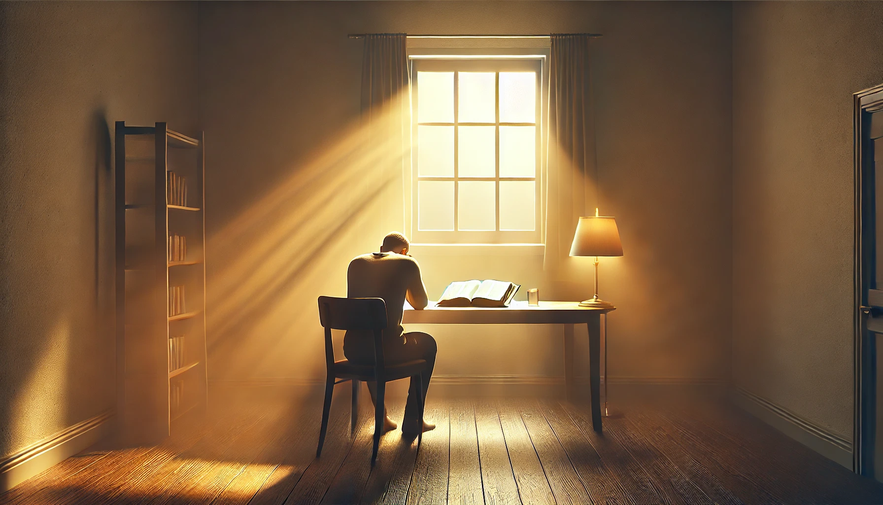 A serene room with a person sitting in a chair, head bowed in prayer.